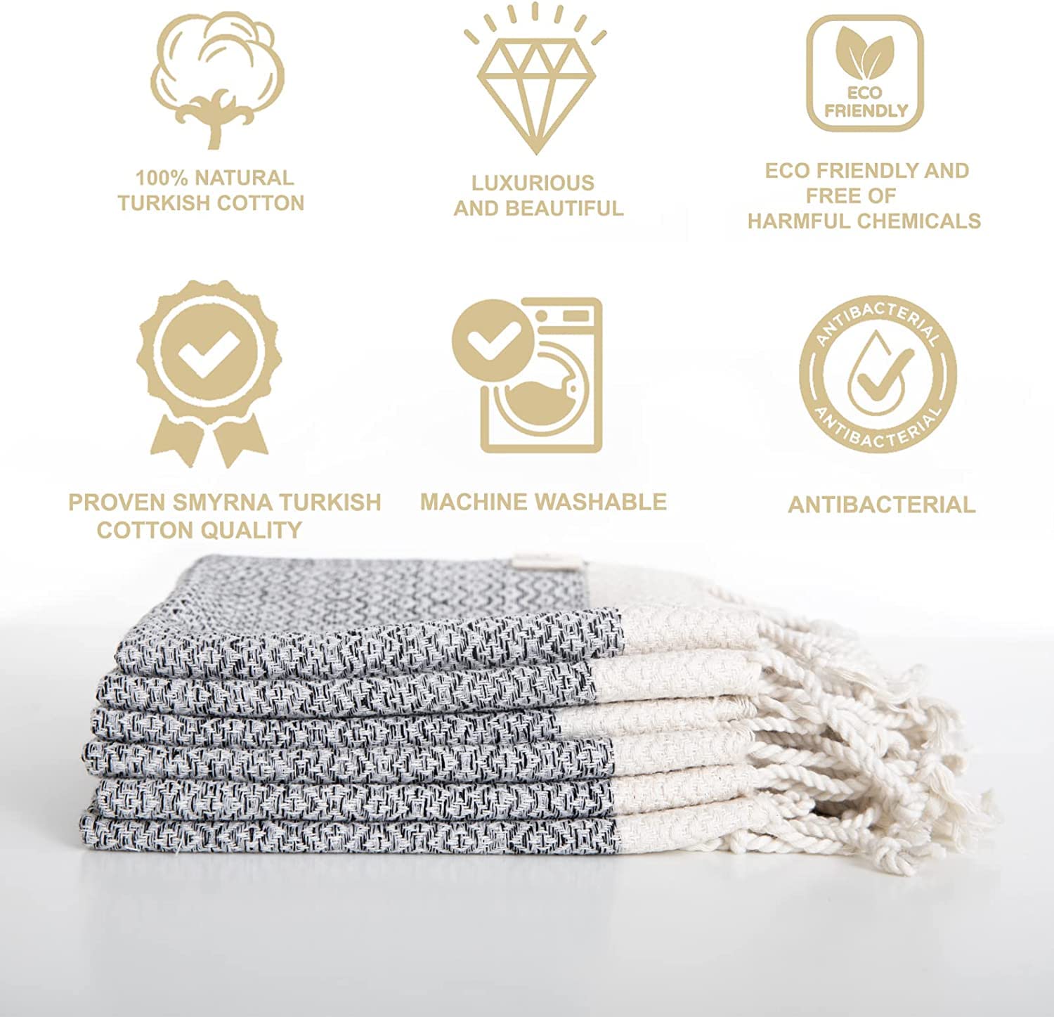 Smyrna Turkish Cotton Wash Cloths Pack of 6  100% Natural Cotton  12''x12''  Versatile Bath Towels for Bathroom  Hotel  SPA  Ultra Soft  Absorbent  Prewashed and Quick Dry Turkish Hand Towels (Gray)