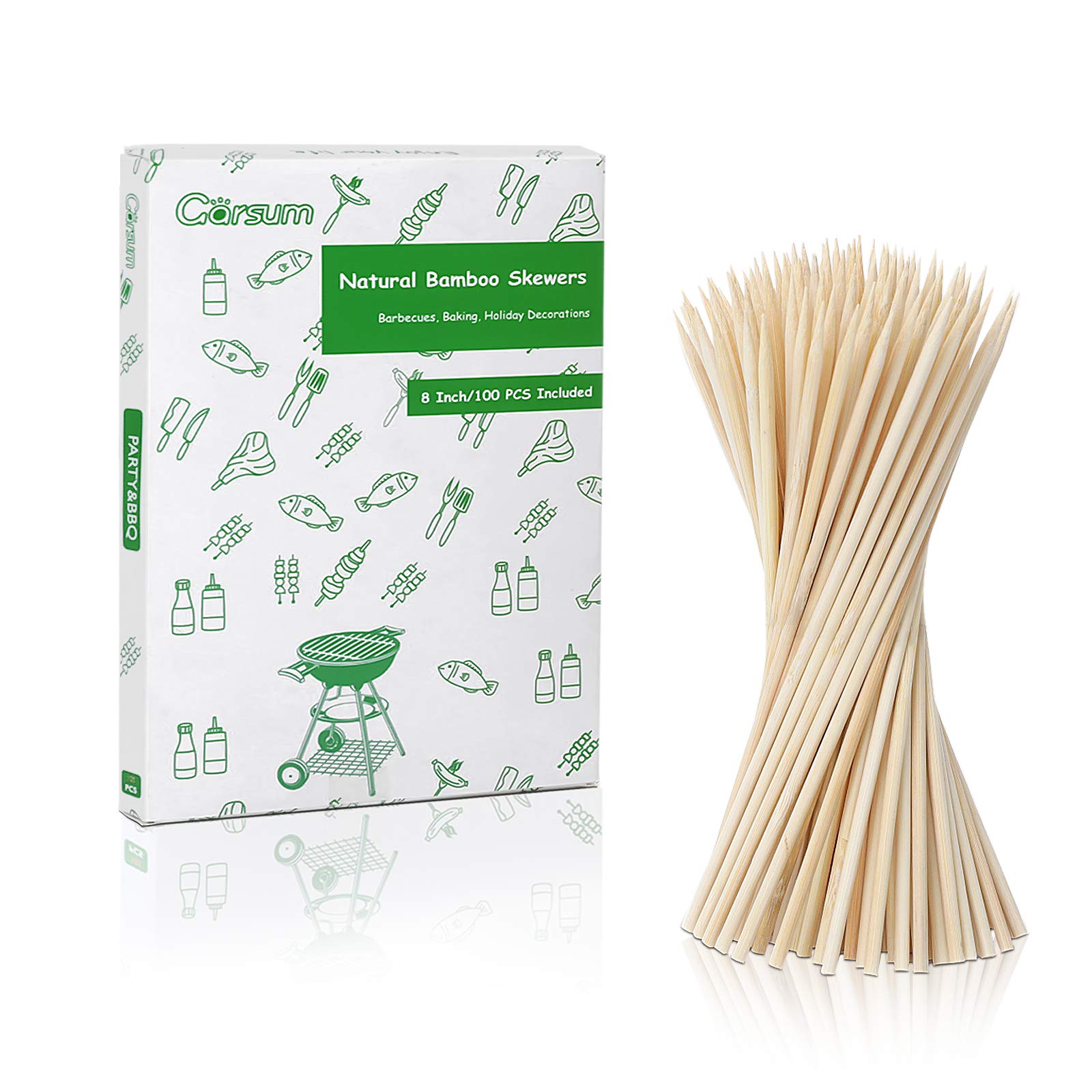 Garsum Natural Bbq Bamboo Skewers, 8'' Wooden Skewers For Assorted Fruits, Kebabs, Grill, Highly Renewable Natural Resources, Su