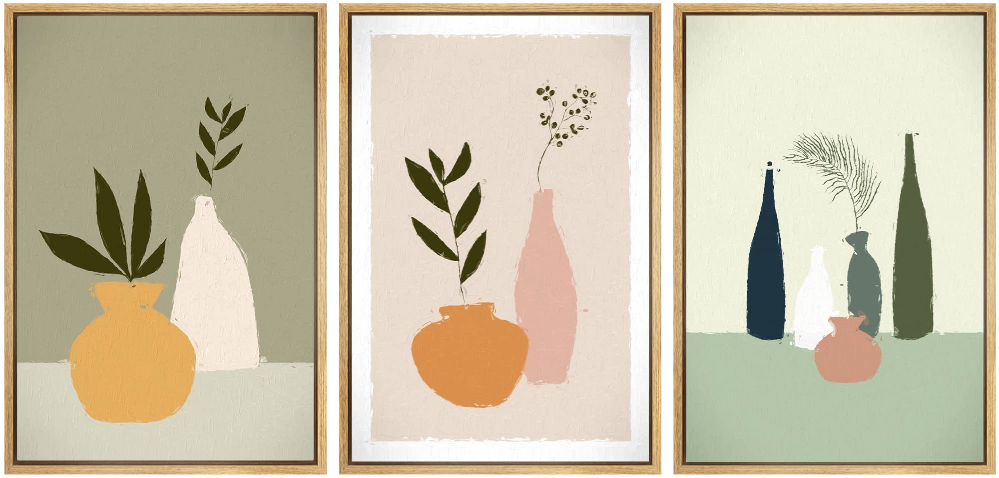 Signwin Framed Wall Art Print Set Forest Leaves In Vibrant Pastel Vases Nature Wilderness Illustrations Modern Art Rustic Colorf