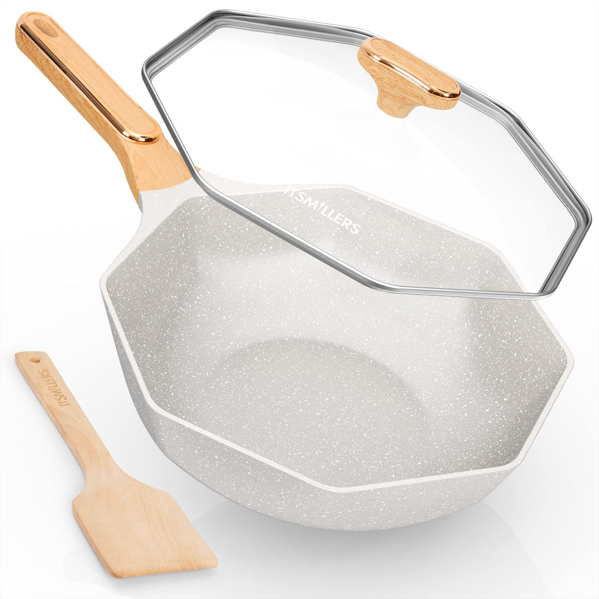Itsmillers Ceramic Nonstick Octagonal Wok 12.5 Inch Die-Cast Induction Woks And Stir Fry Pans With Glass Lid Pfoa Free (Cream Wh