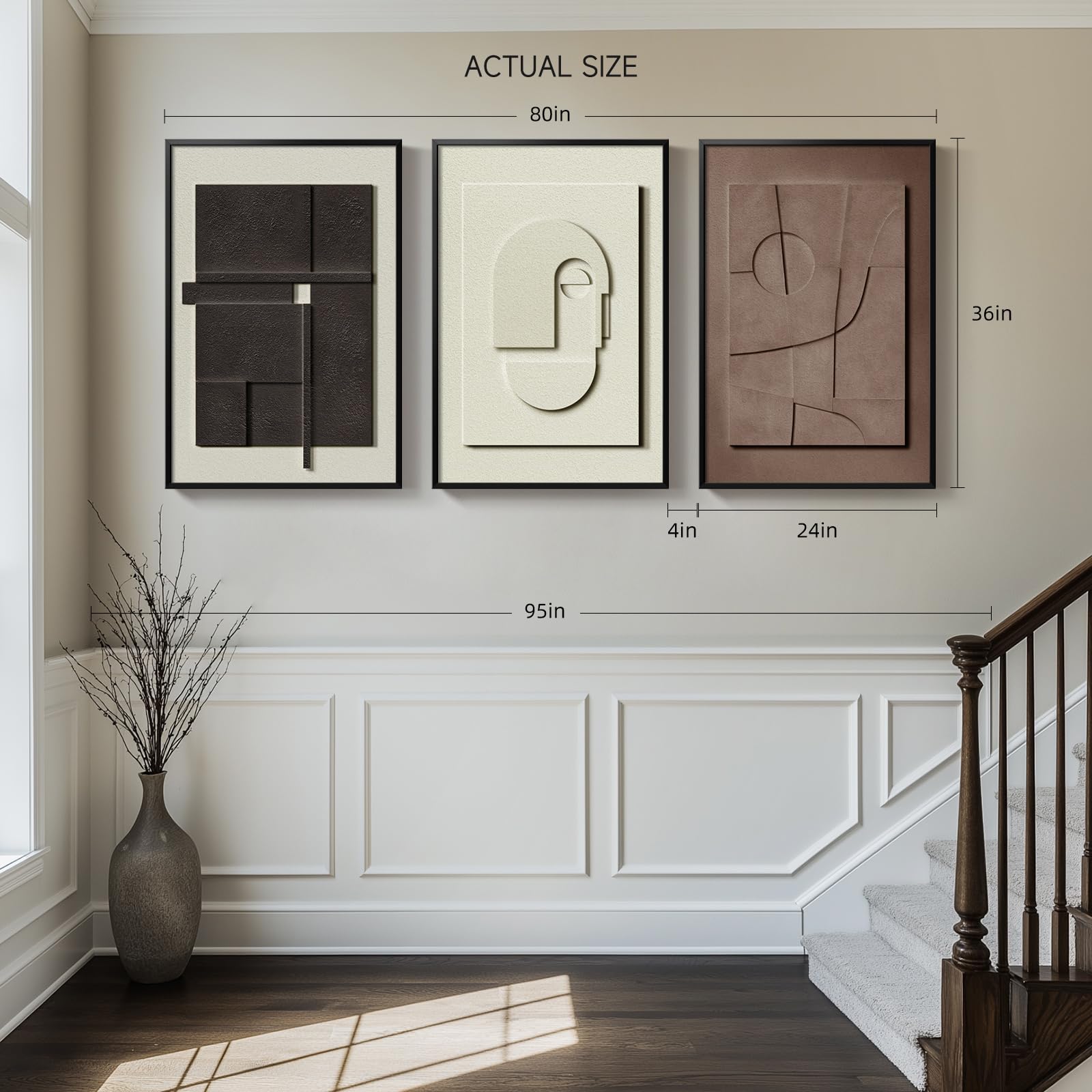 Large Framed Abstract 3D Textured Wall Art For Living Room, 3-Piece Modern Neutral Artwork For Walls, Geometric Brown White Text