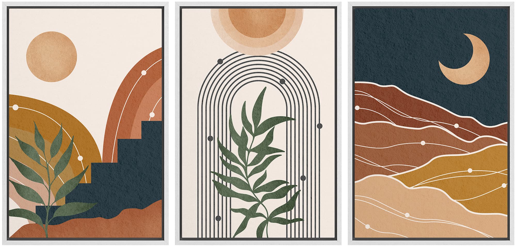 Idea4Wall Framed Wall Art Print Set Geometric Sun Moon Tropical Plant Valley Nature Abstract Illustrations Modern Decorative Rel