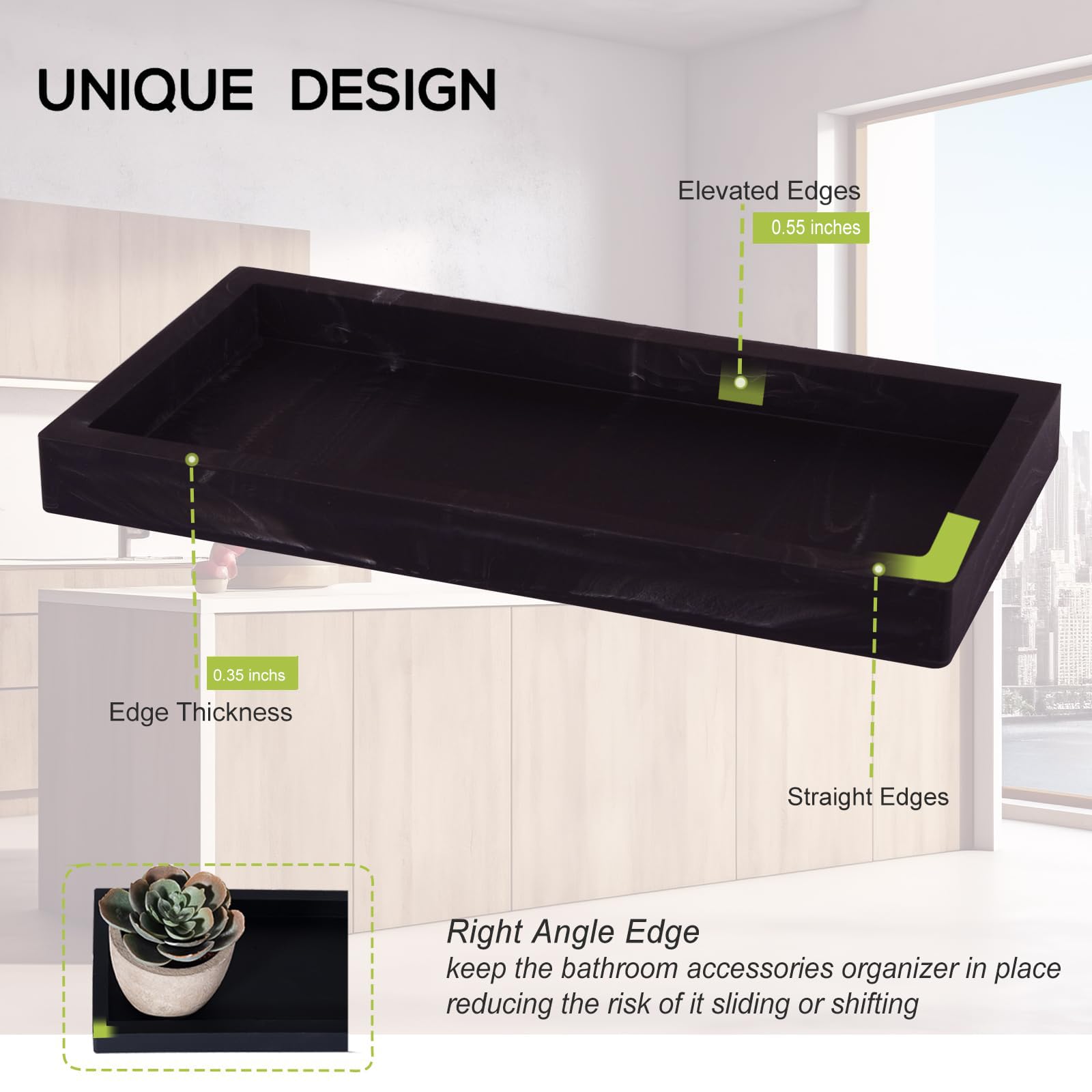 Bathroom Trays For Counter, Slicone Vanity Trays For Bathroom, Rectangle Sponge Holder For Kitchen Sink - Marble Black