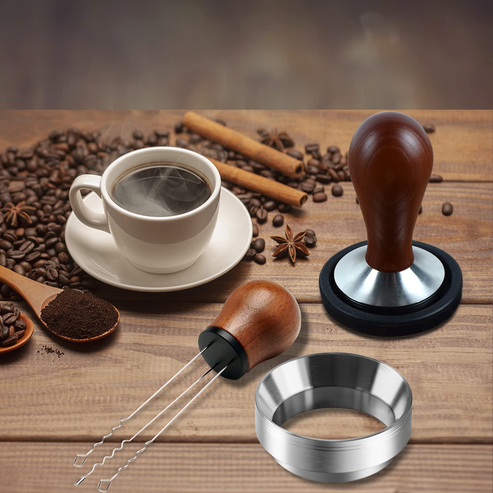 Wissxoer Espresso Press Hand Tamper Coffee Distributor & Tamper 49Mm Walnut Wooden Handle And 304 Stainless Steel Flat Base With