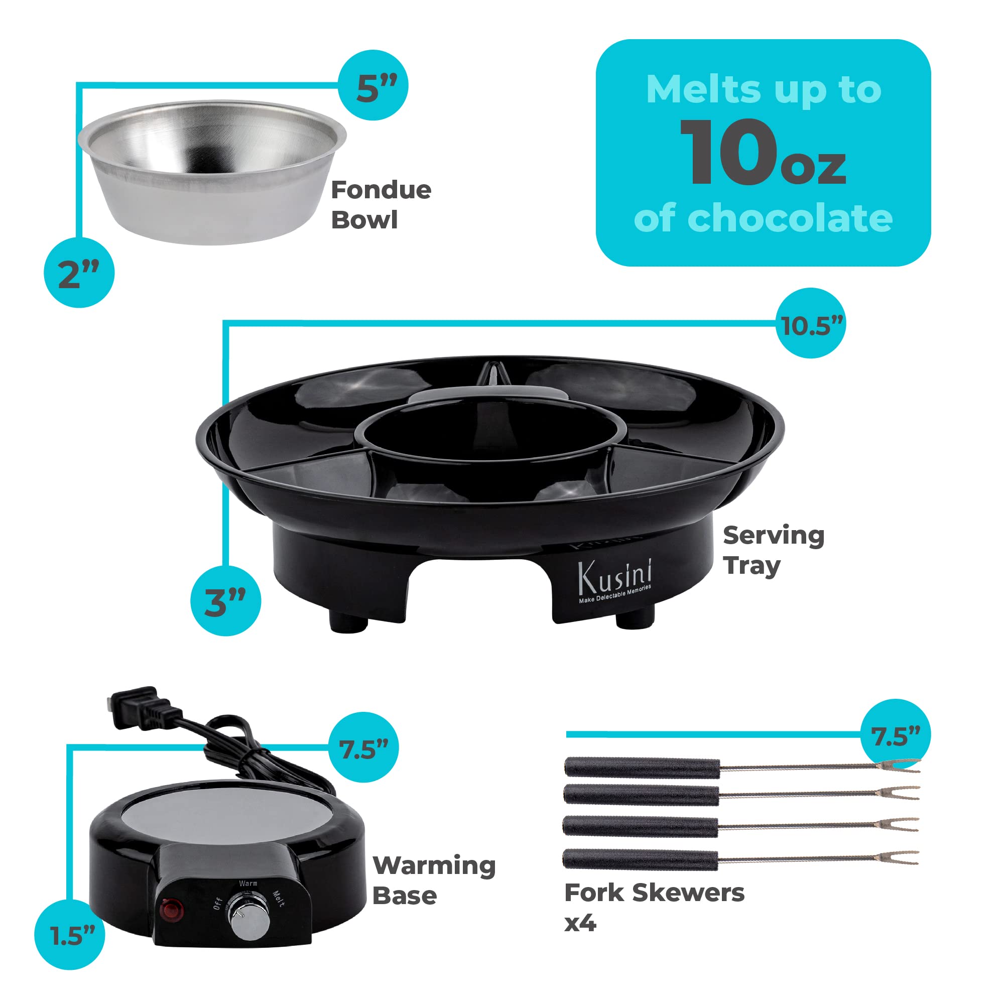 Kusini Electric Fondue Pot Set - Chocolate Fondue Kit - Temperature Control, Detachable Serving Trays, & 4 Roasting Forks - Gift