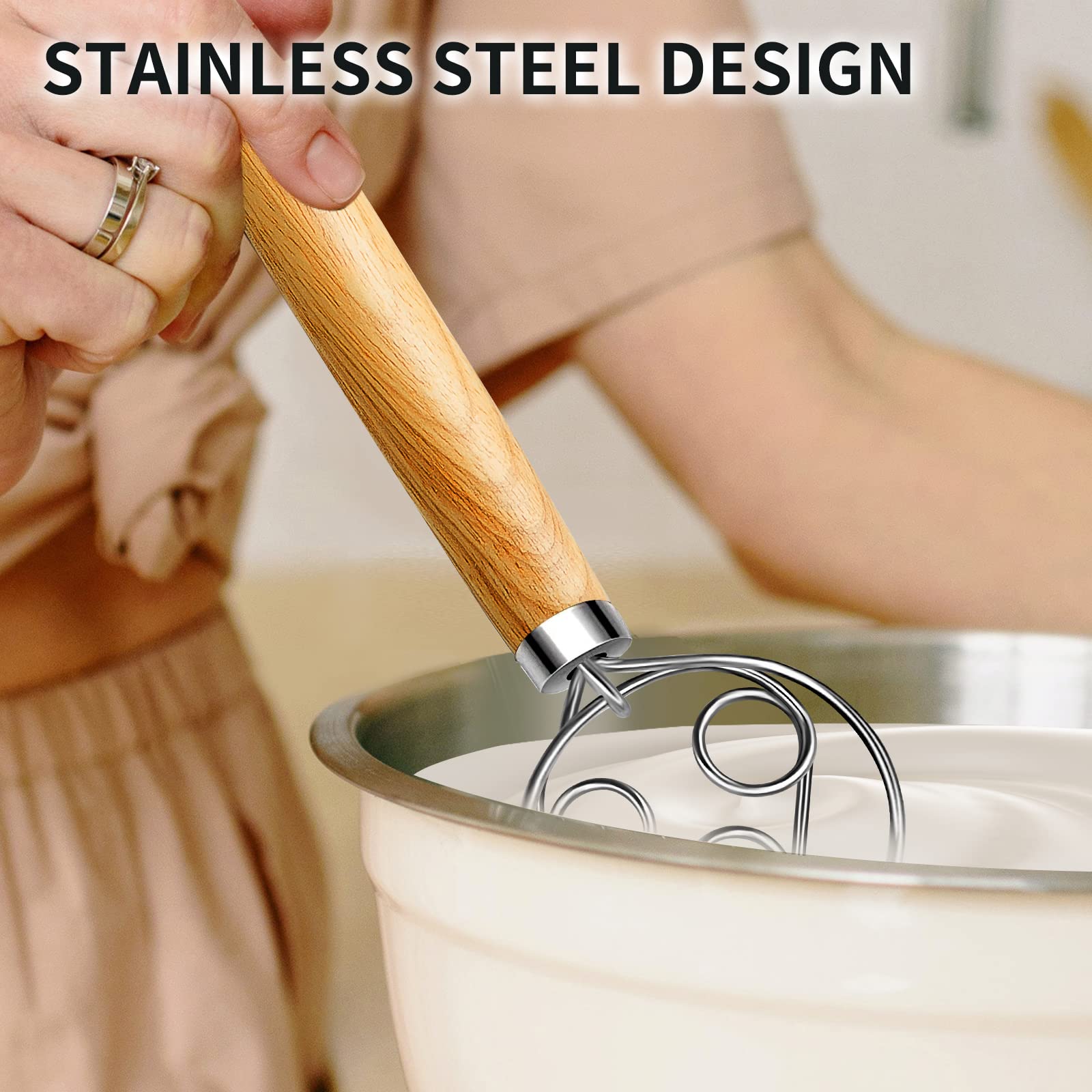Teevea Danish Dough Whisk Stainless Steel Hook Dutch Style Bread Dough Hand Mixer Wooden Handle For Sourdough Making Baking Whis