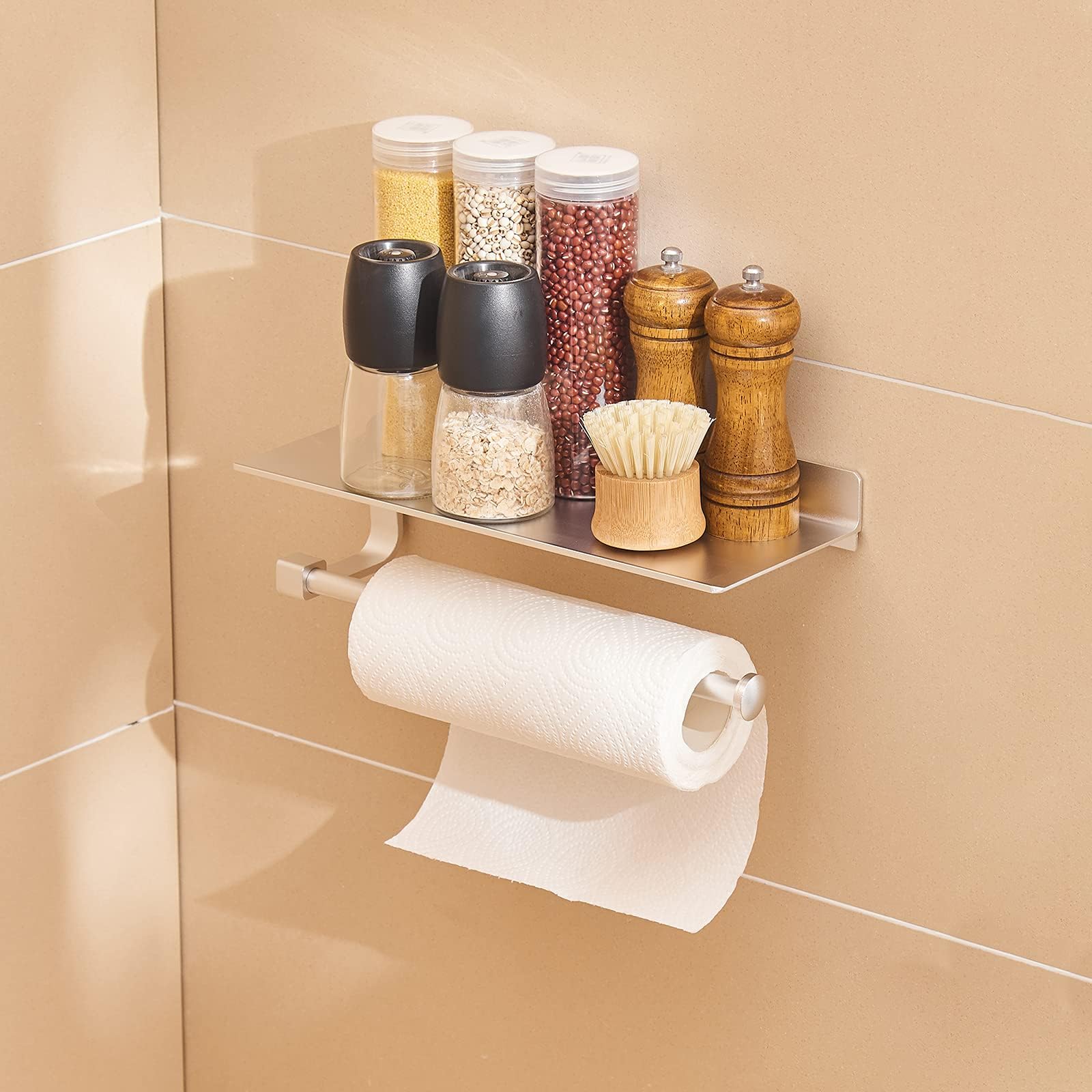 Paper Towel Holder Wall Mount - For Bathroom Hand Towel Holder With Shelf- Kitchen Towel Holder - Matter Silver