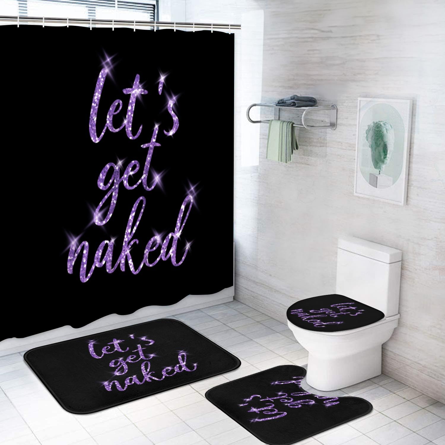 Artsocket 4Pc Purple Let'S Get Naked Shower Curtain Sets Gold And Black Bathroom Decor With Rugs, Non-Slip Rug,Toilet Lid Cover,