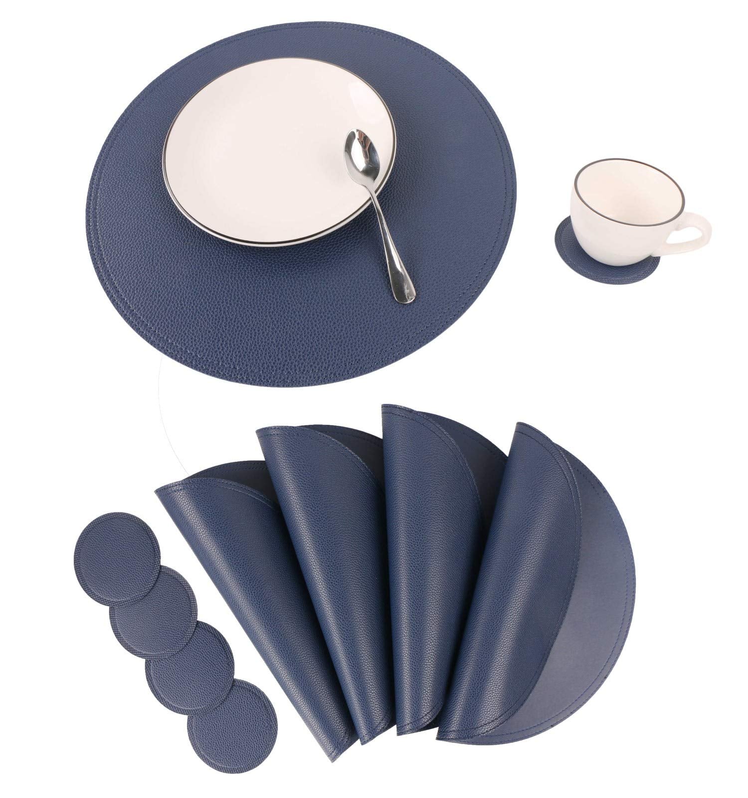 Jovono Navy Faux Leather Round Placemats And Coasters, Coffee Mats Kitchen Table Mats, Waterproof, Easy To Clean For Round Table