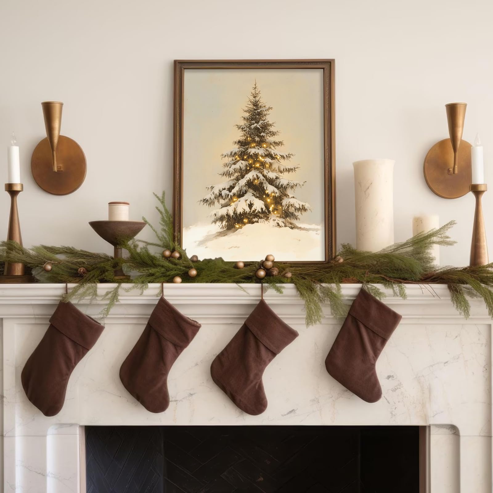 uniro Snowy Christmas Tree Print, Vintage Pine tree Decor Wall Art, Neutral Antique Holiday Xmas Tree Painting, Christmas Muted