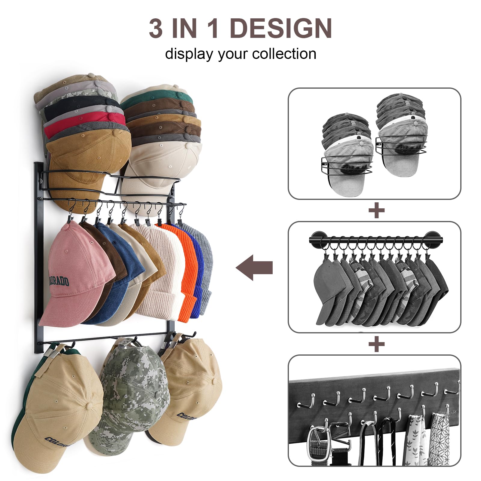 Hydermus Hat Rack For 45 Baseball Caps With 10 Clips 3 Tier Hat Organizer For Wall Multi-Functional Hat Hanger Metal Hat Holder