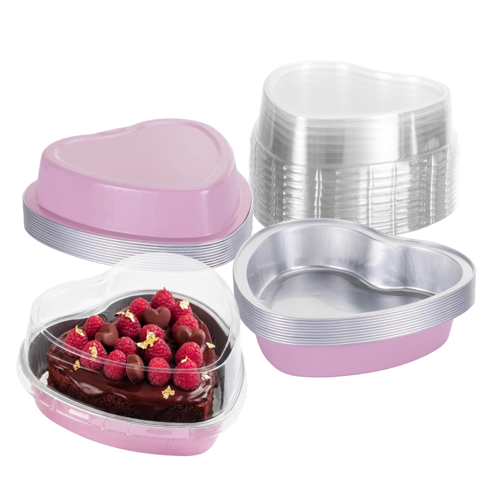 LepoHome 20 Set Heart Shaped Cake Pans with Lids  9oz/255ml Mini Disposable Aluminum Foil Cupcake Containers for Baking  Valen