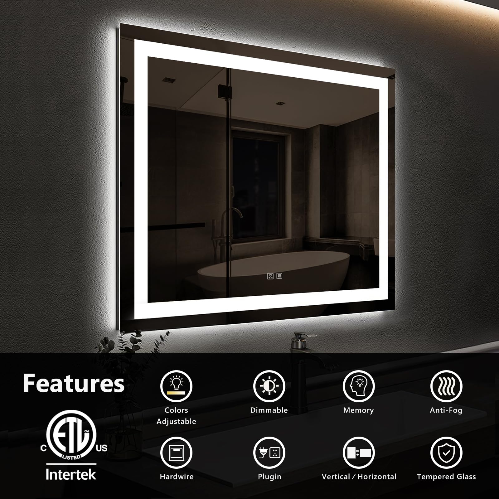 Roomtec 24 X 32 Inches Led Bathroom Mirror With Front And Backlit,Anti-Fog,3 Colors And Dimmable Light(Horizontal/Vertical), Sil
