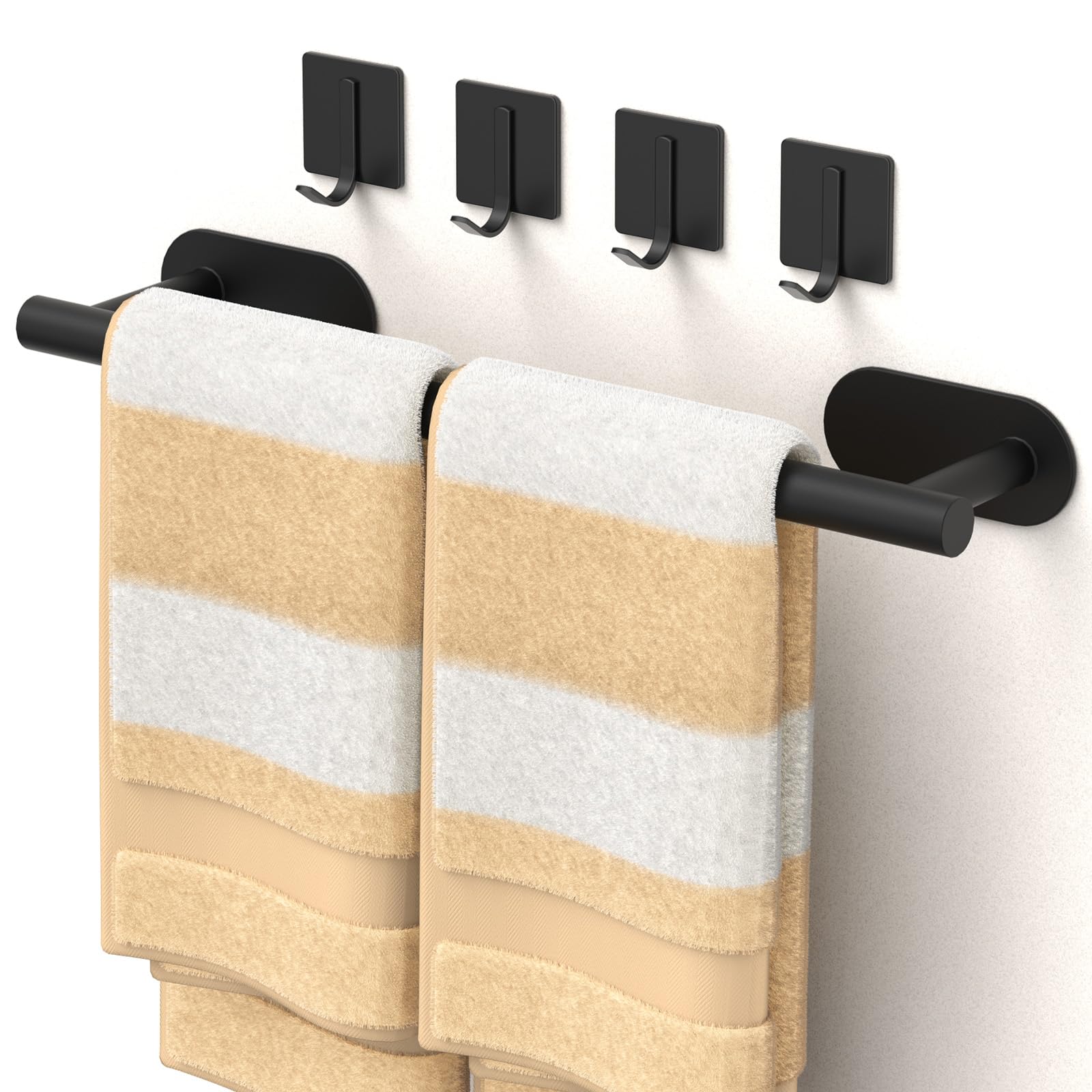 Batur 5 Pack Towel Holder, Towel Racks For Bathroom Self Adhesive, 16'' Towel Bar With 4 Pack Towel Hooks, Premium Hand Towel Ho