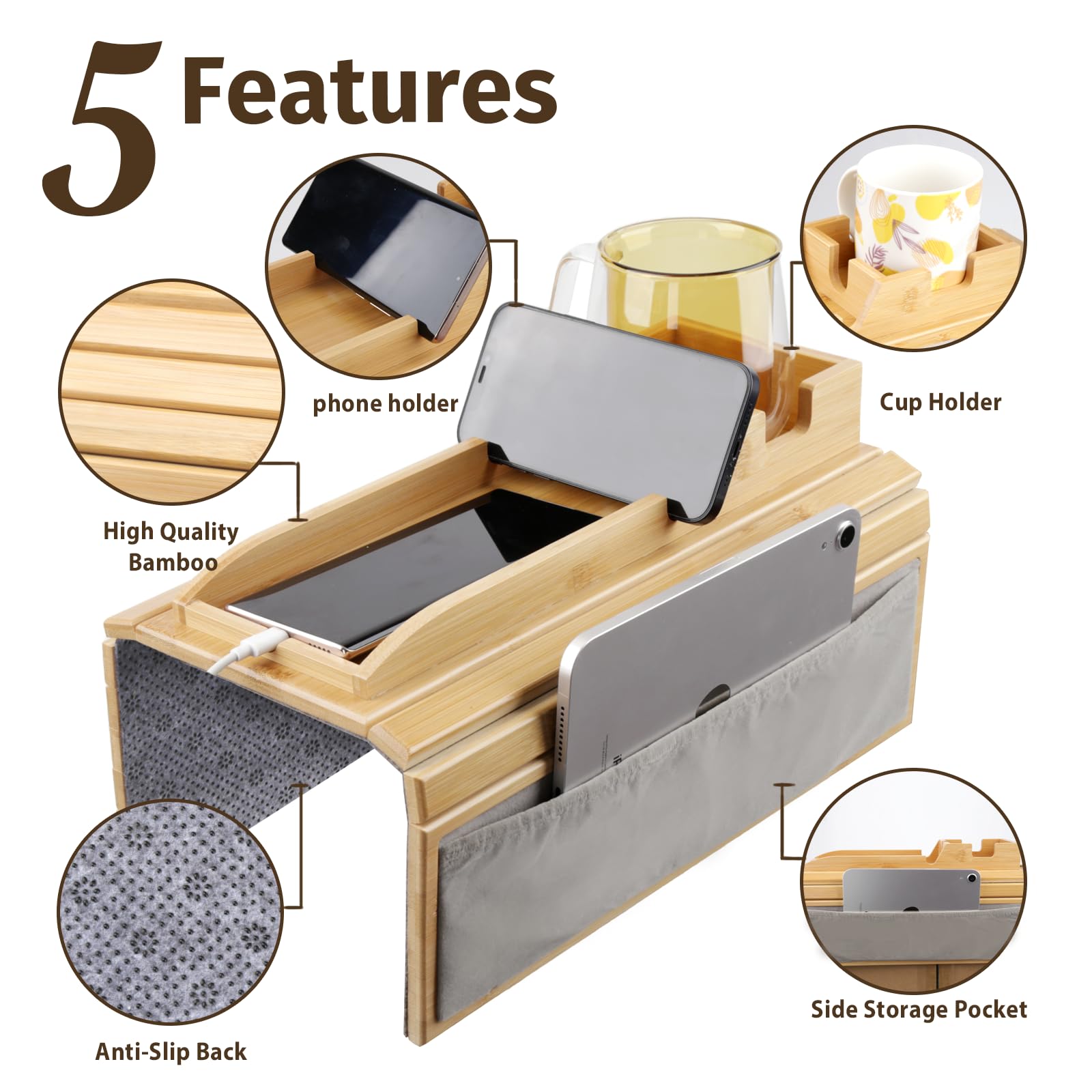 Giifer Couch Cup Holder Tray,4 In 1 Couch Arm Table With Side Storage Pocket,Couch Arm Tray Anti-Slip, Bamboo Couch Table For Dr