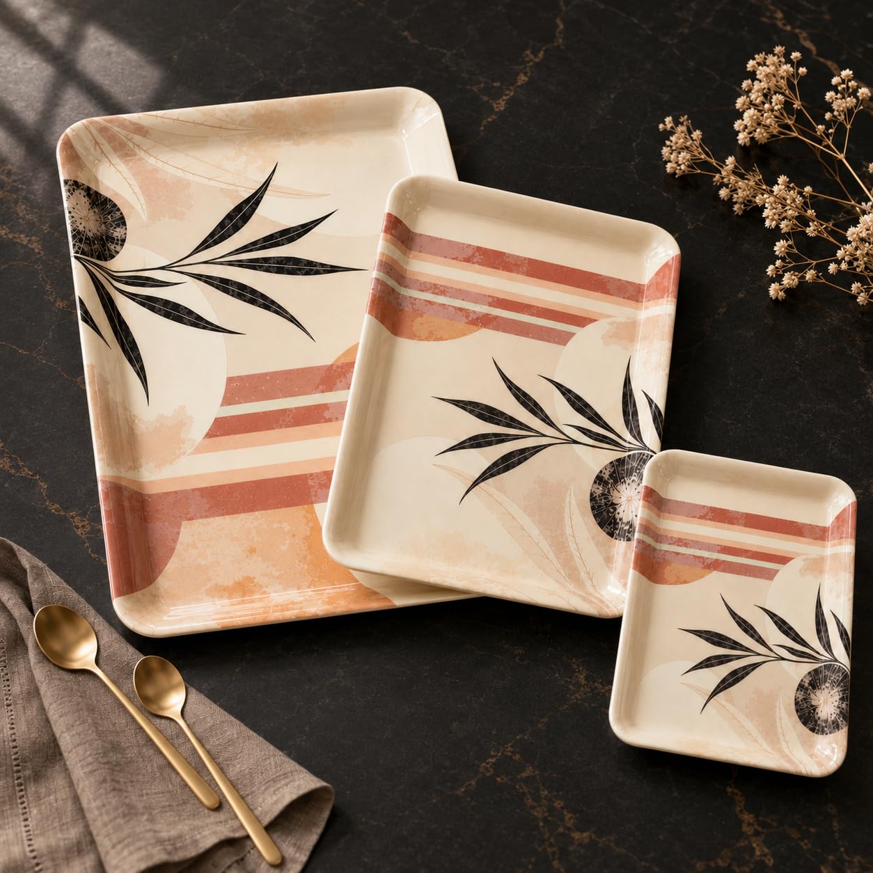 Decorative Serving Trays Set Of 3, Multipurpose Nesting Food Trays With Glossy Finish And Smooth Edges For Kitchen, Dining, And 