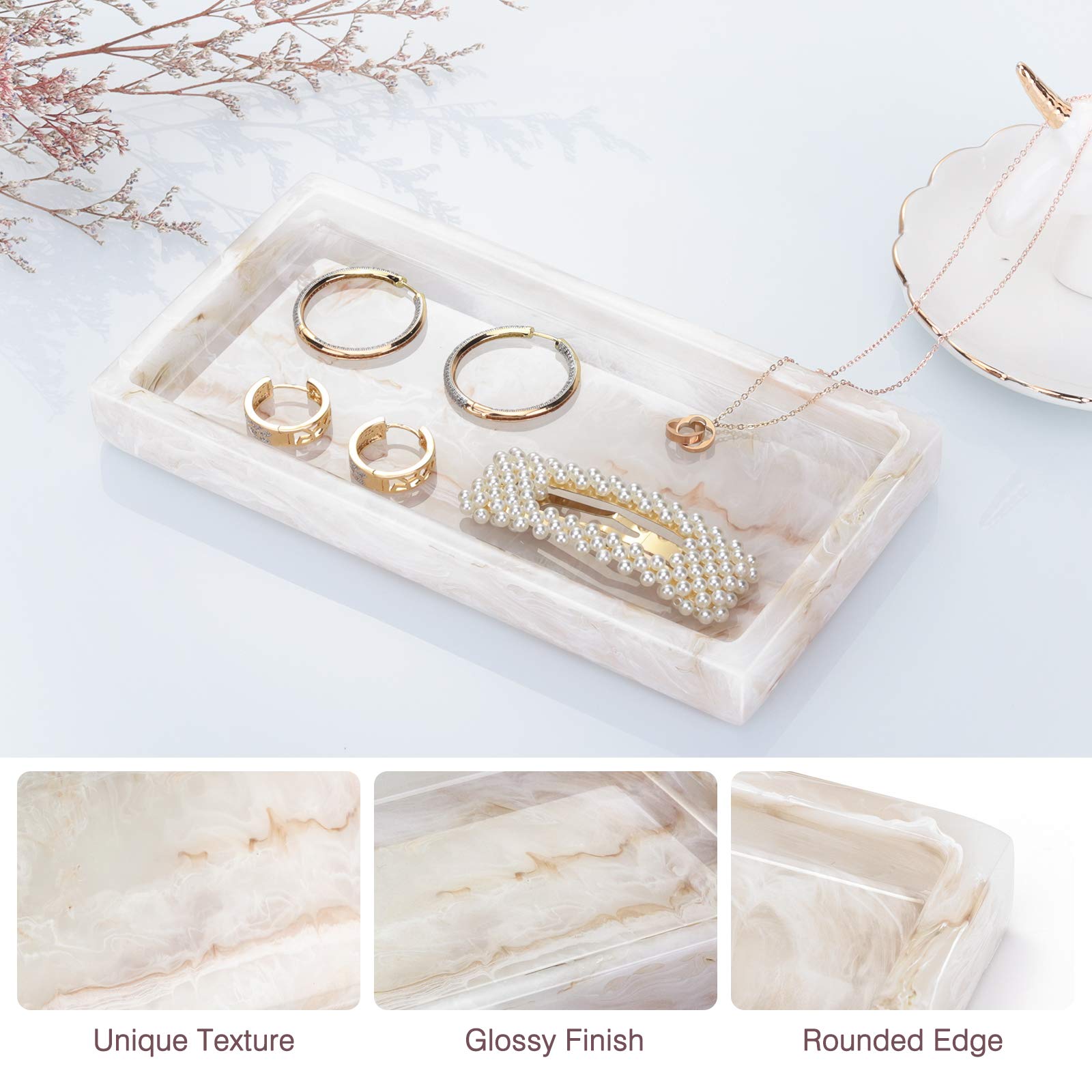 Emibele Jewelry Organizer Resin Tray  Bathroom Kitchen Dresser Vanity Tray Jewelry Dish Ring Cosmetic Organizer for Candle Perfume Soap Shampoo Small Plant Home Decor  Mini Size - Ink Khaki