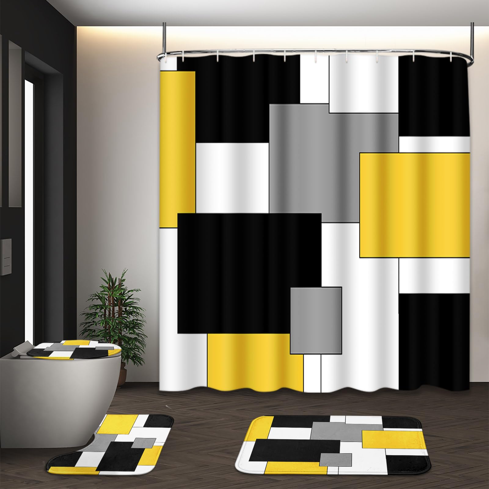 Tayney Yellow Geometric Shower Curtain Set With Toilet Lid Cover And Non-Slip Rugs For Bathroom, Black White Grey Checkered 4 Pc