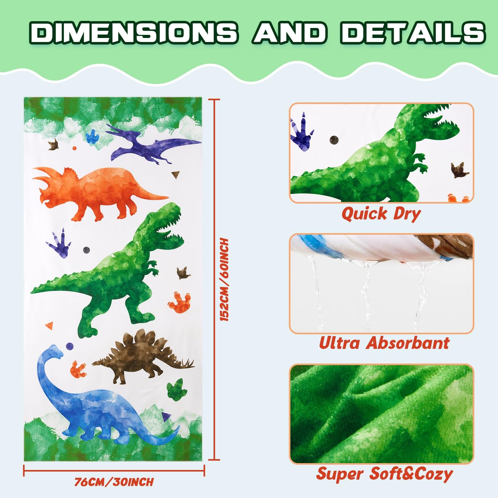 WERNNSAI Dinosaur Beach Towel - Watercolor Dino 30