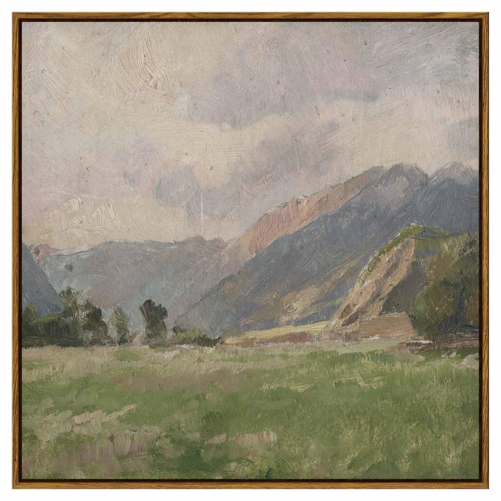 Insimsea Square Framed Canvas Wall Art, Large Decor Retro Prairie Mountain Landscape Paintings, Nature Scenery Wall Pictures For