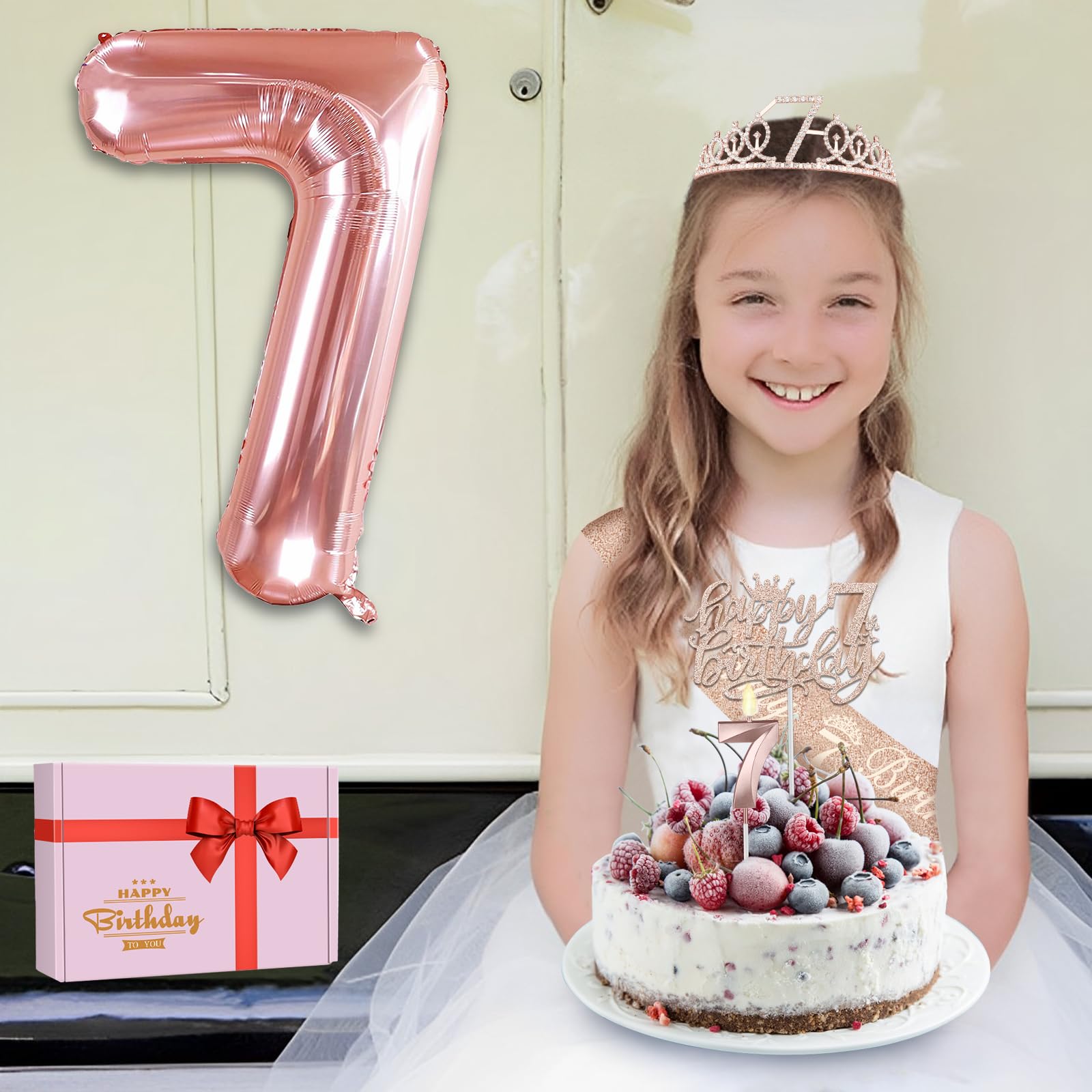 7Th Birthday Decorations For Girl Including 7Th Birthday Girl Sash And Tiara For Girls, 7 Birthday Candles And Cake Topper, 7 Ba