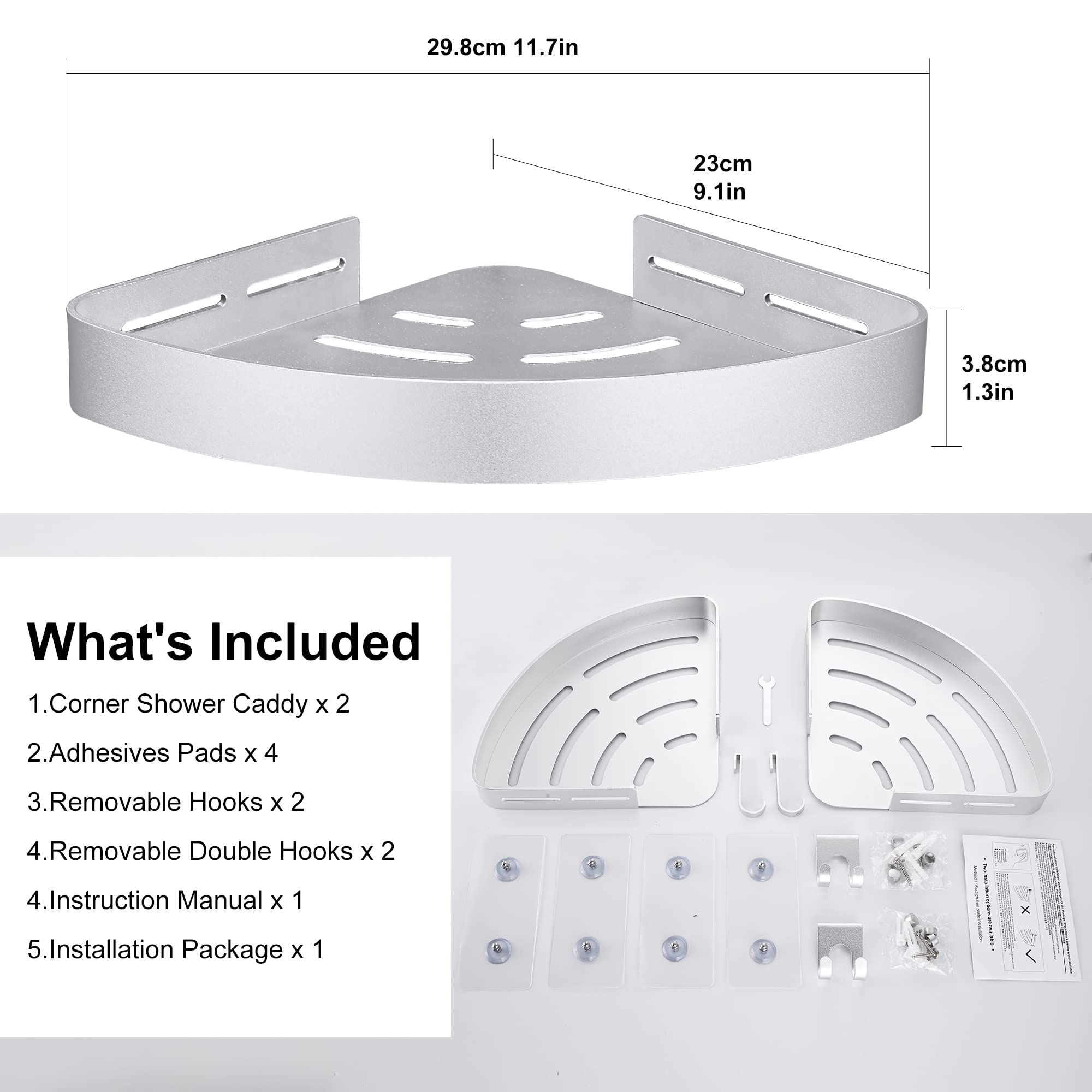 Dufu Adhesive Corner Shower Caddy With Hooks,Bathroom Shower Organizer, No Drilling Rust Proof Aluminum Shower Shelf For Inside