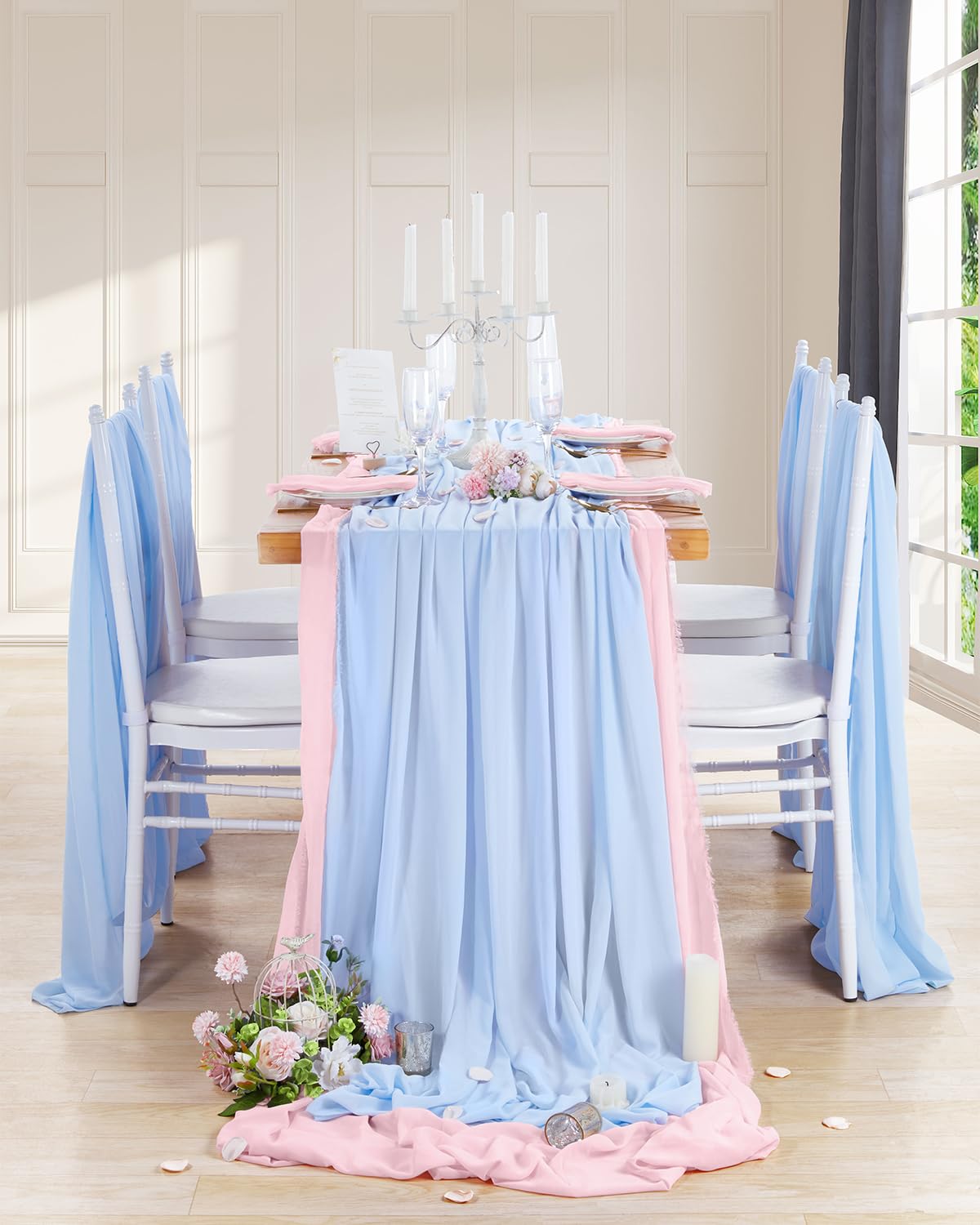 Blue Chiffon Table Runner 10Ft Long 27X120 Inches Romantic Wedding Linens Sheer Bridal Party Table Decorations