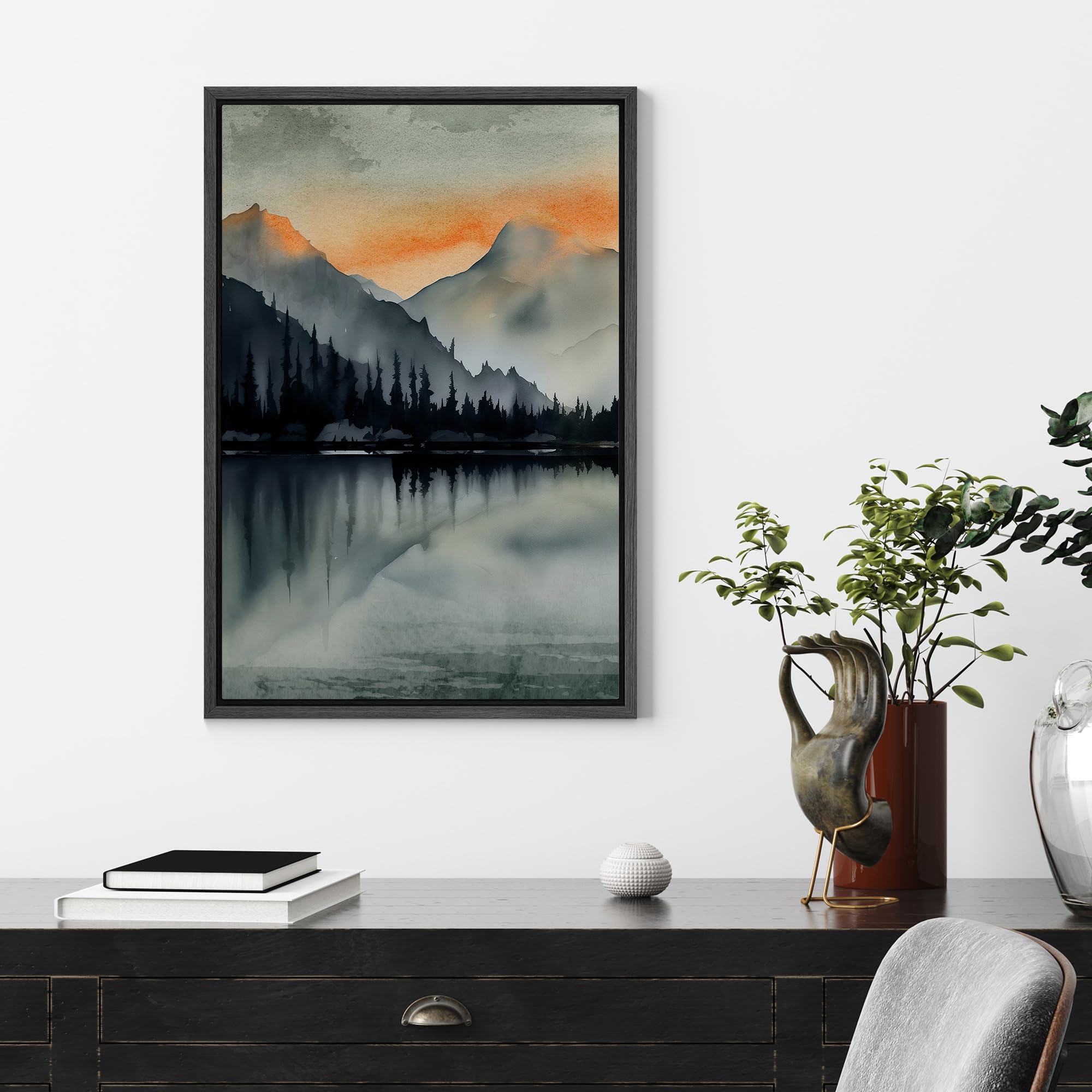 Signford Framed Canvas Print Wall Art Silhouetted Pine Trees By Tranquil Lake Nature Wilderness Illustrations Modern Art Decorat