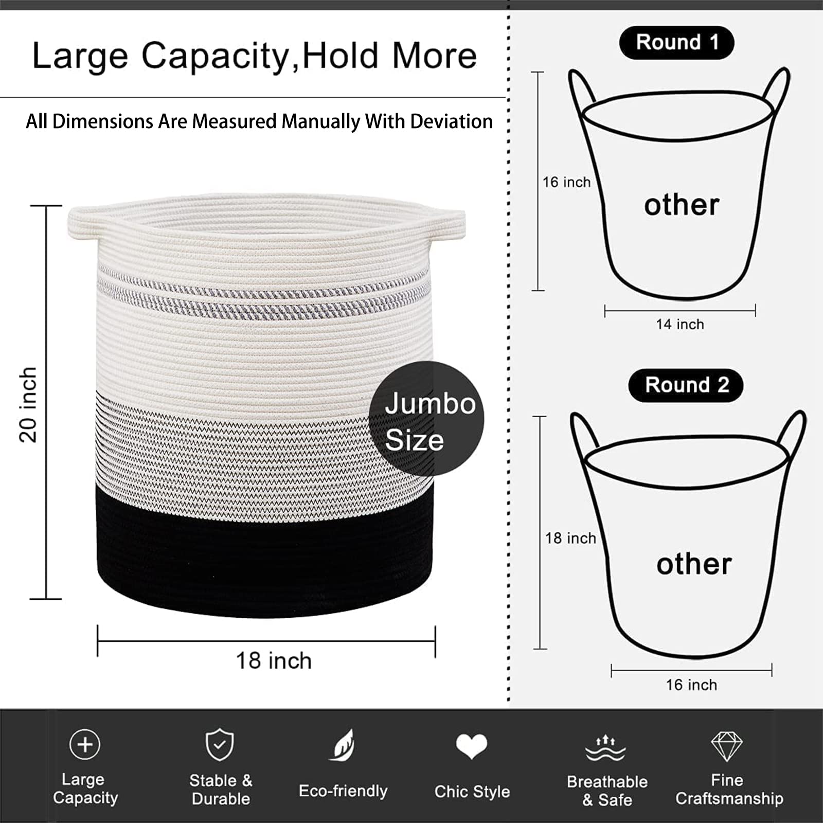 OIAHOMY 80L Laundry Hamper Storage Basket with Handles Decorative Basket for Living room Woven Storage Basket for Toys Bin Pillows  Blankets Clothes-20x18in-Gradient Dark