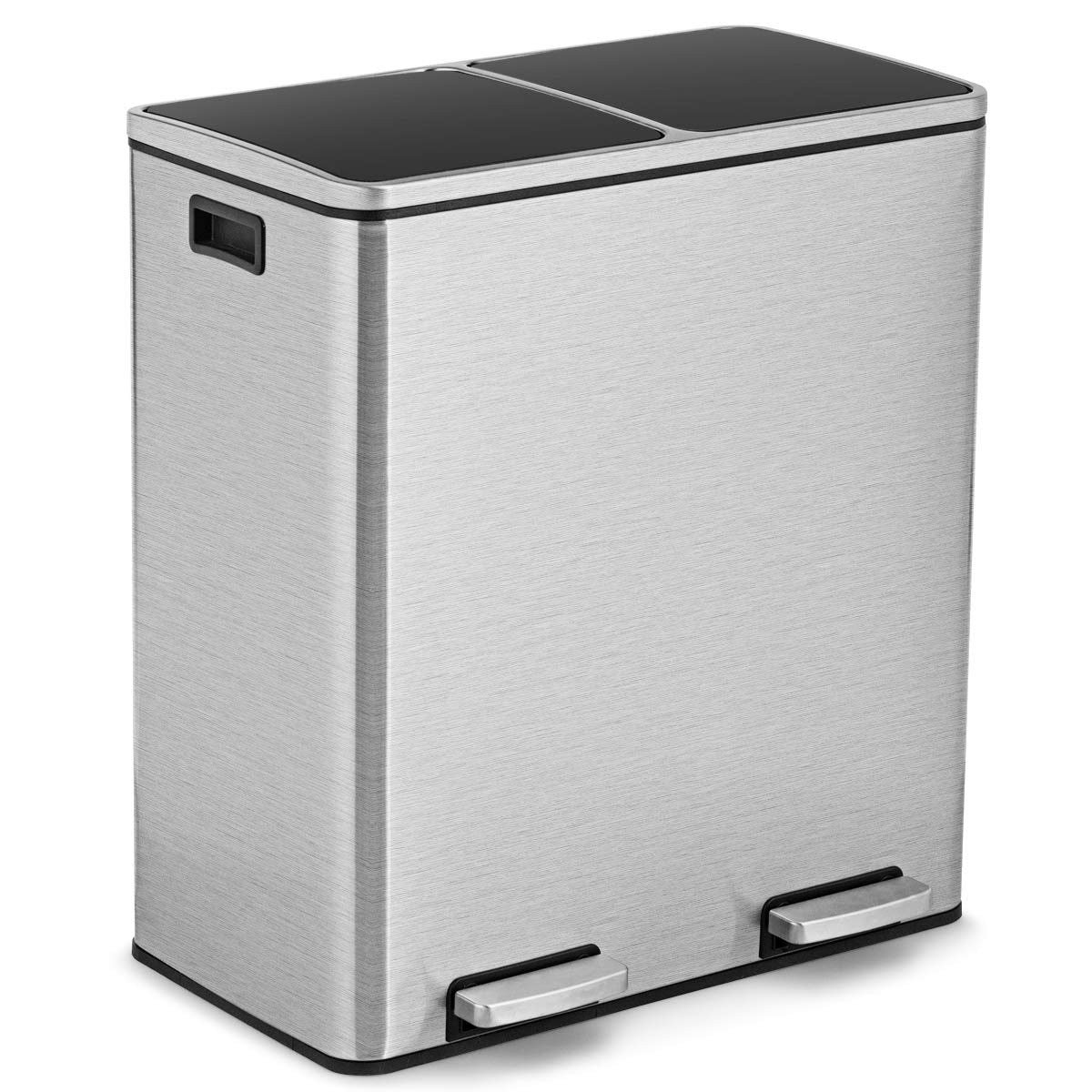 Goplus Dual Trash Can, 60 Liter (2X30L)/ 16 Gallon Stainless Steel Step Trash Can, Rectangular Garbage Bin With Inner Buckets An