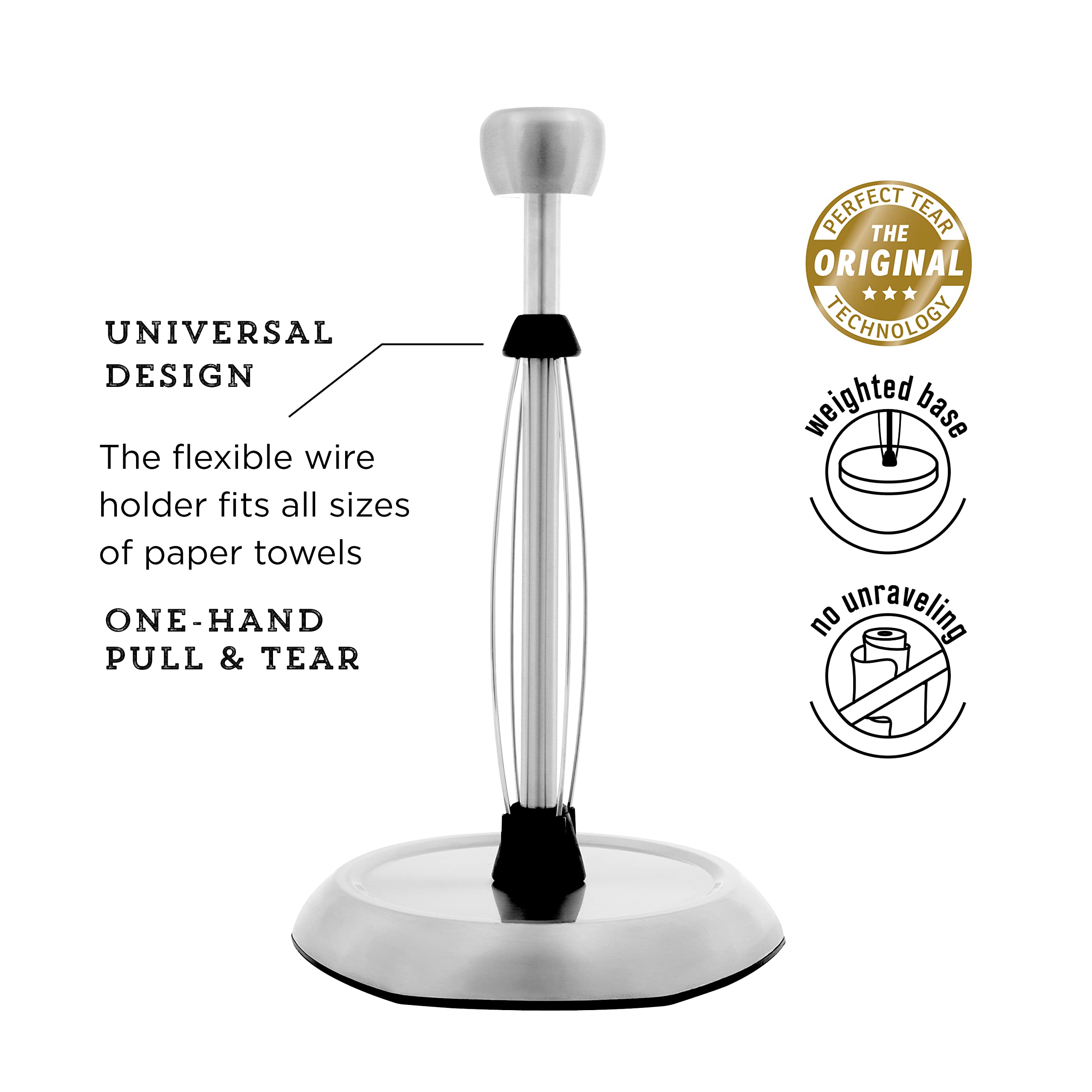 Kamenstein Hexagon Base Perfect Tear, Stainless Steel Countertop Paper Towel Holder, One Handed Pull, No Unraveling, Weighted Ba