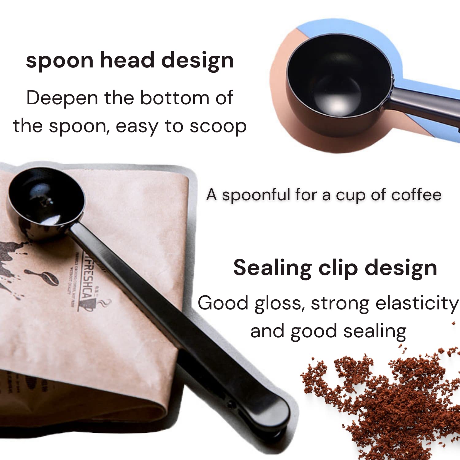Crethinkaty 2 In 1 Coffee Scoop And Bag Clip, Stainless Steel Coffee Scoop With Bag Clip, For Ground Coffee And Beans, Black, 6.