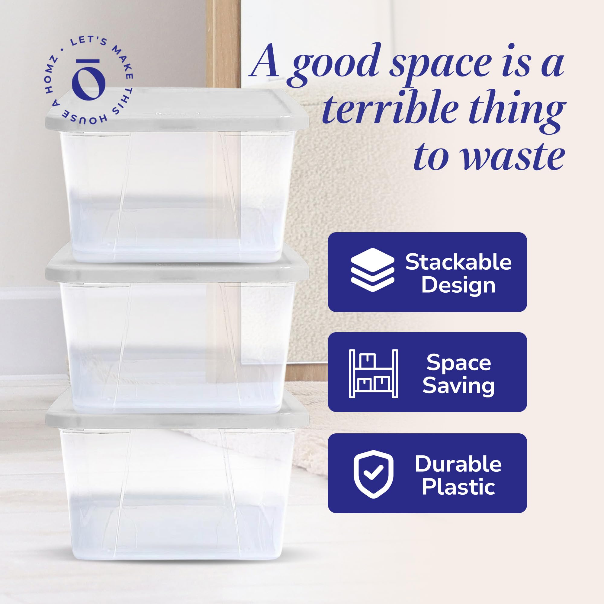 Homz 10 Pack Storage Bins, Clear Plastic Organizing Containers W/White Lids, 6 Quart