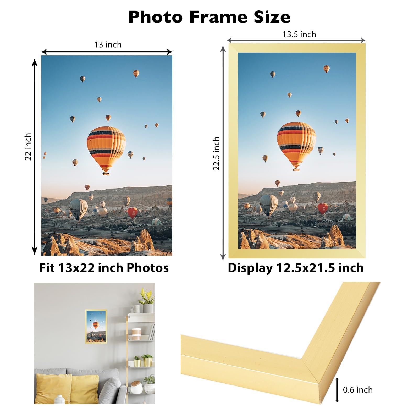 JCJMY 13x22 Picture Frame Gold for Poster Photo Picture, Horizontal and Vertical Formats for Wall Hanging, 13 x 22 Wall Gallery
