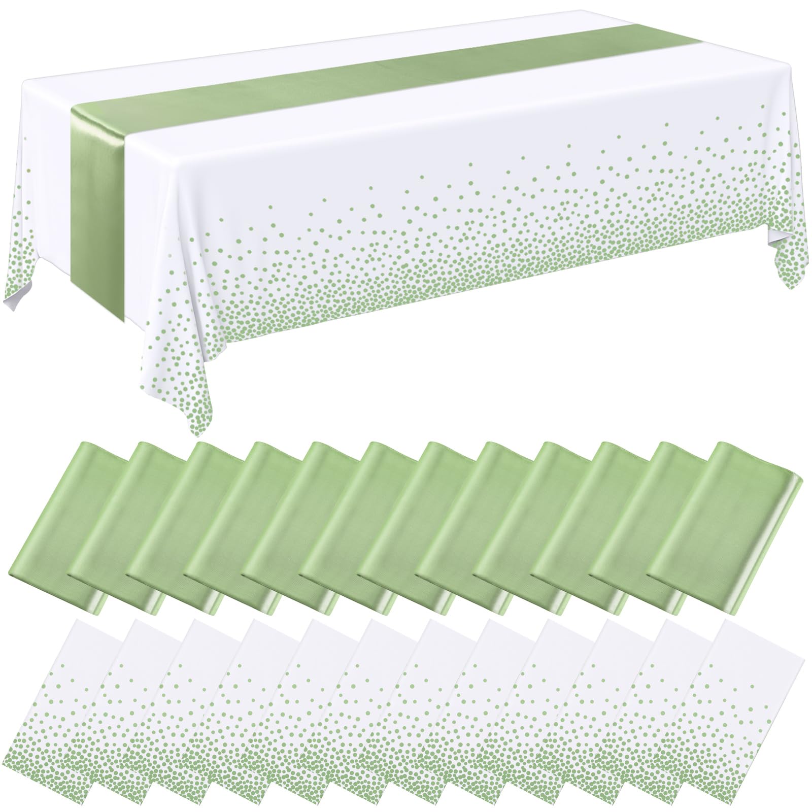 Breling 24 Pack White and Sage Green Disposable Plastic Tablecloths and Satin Table Runner Set, 54 x 108 Inch Tablecloth, 12 x 1