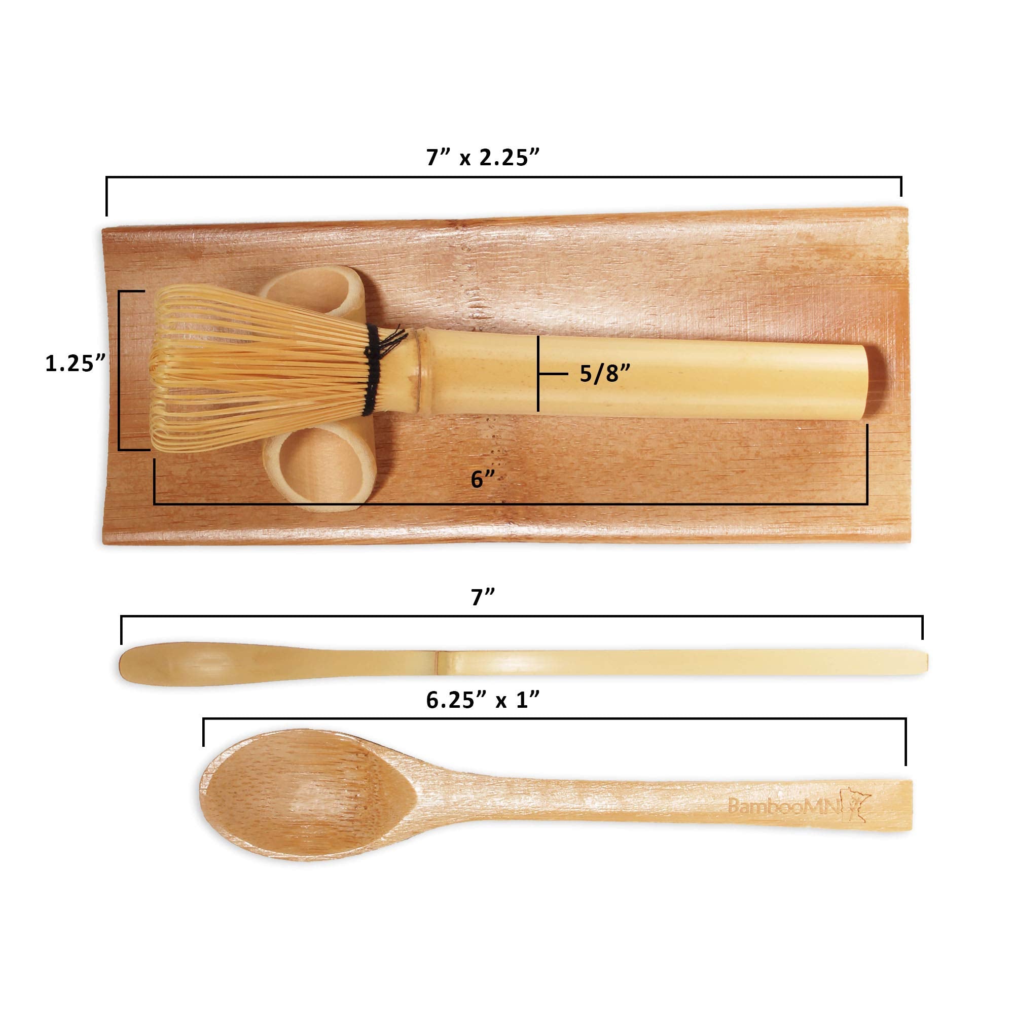 Bamboomn Matcha Whisk Set - Skinny Golden Chasen (Tea Whisk), Tray, Chashaku (Hooked Bamboo Scoop), Tea Spoon - 1 Set