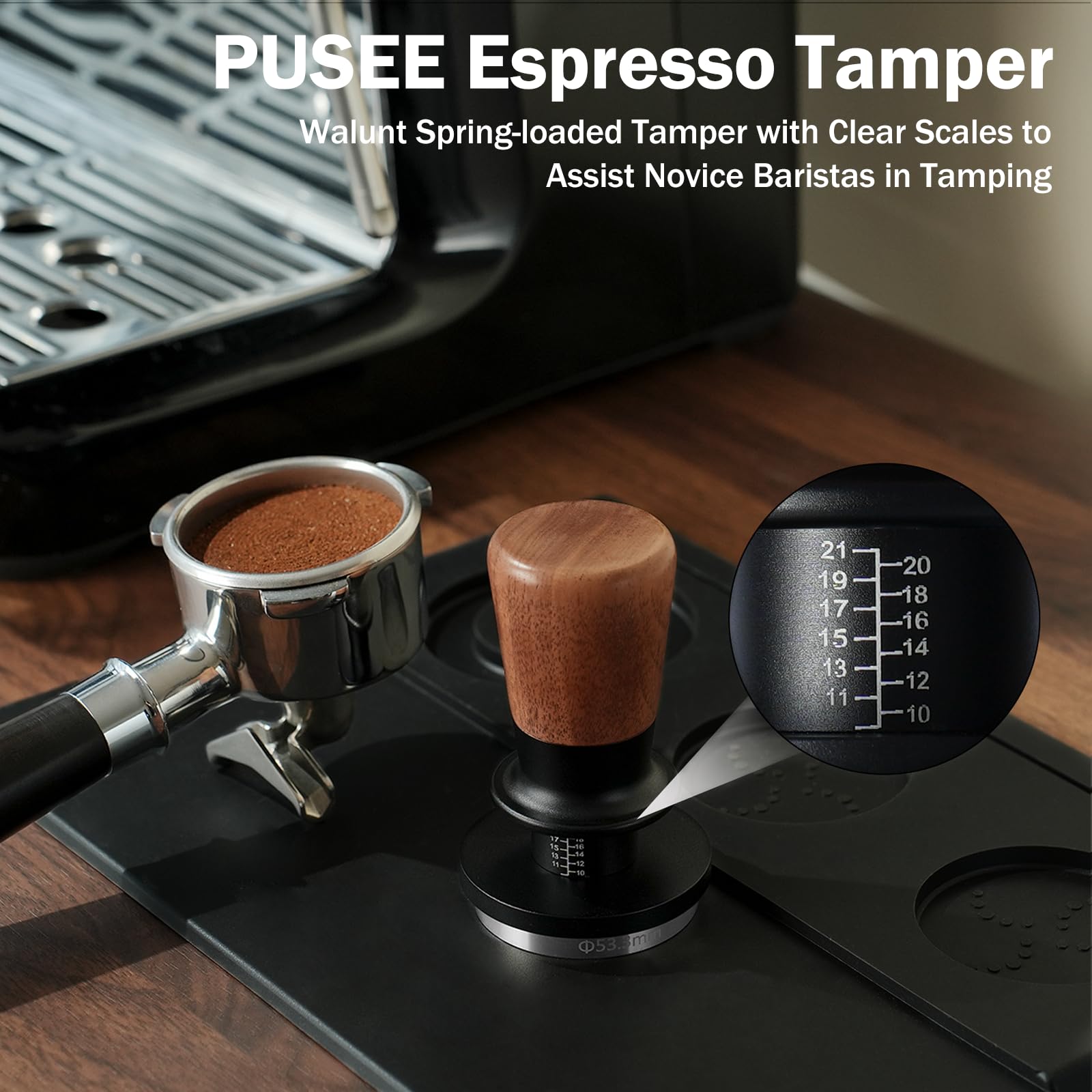 Pusee 53.3Mm Espresso Tamper, Calibrated Tamper With 30Lbs Double Spring Loaded Tamper Walnut Wood Coffee Tamper For Barista Hom