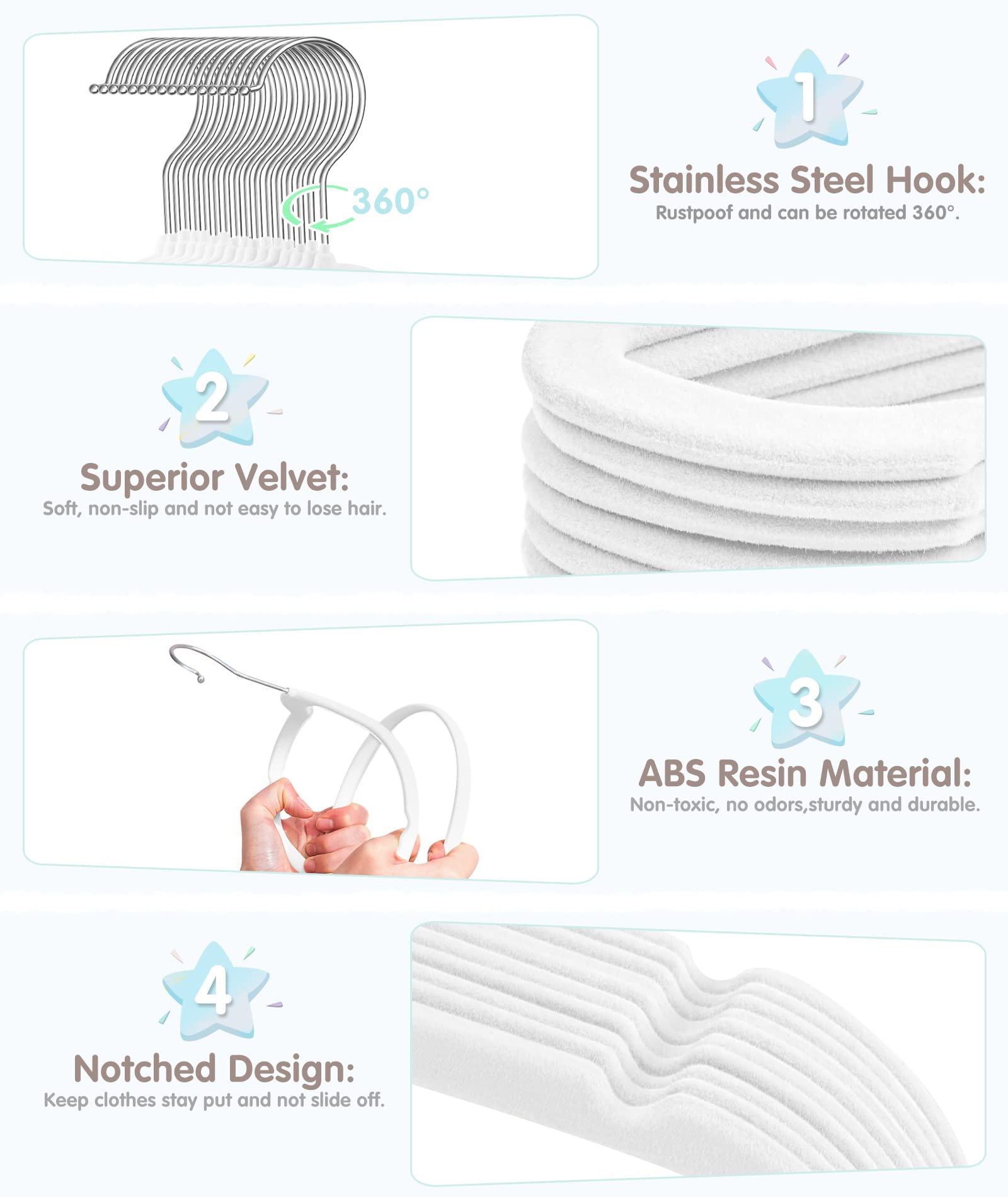 Baby Hangers, Vis'V 11 Inch White Velvet Kids Hangers With 6 Pcs Size Dividers Non Slip Nursery Children Closet Clothes Hangers