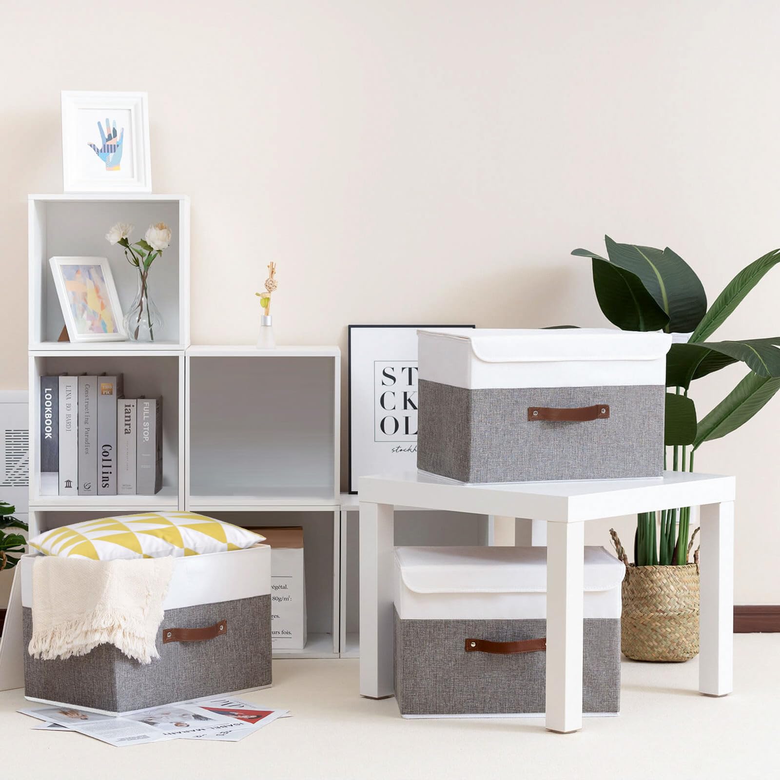 Yawinhe Collapsible Storage Bin, Cube Organizer Basket, Fabric Box With Lids, Washable And Leather Handle, For Home, Closet, Whi