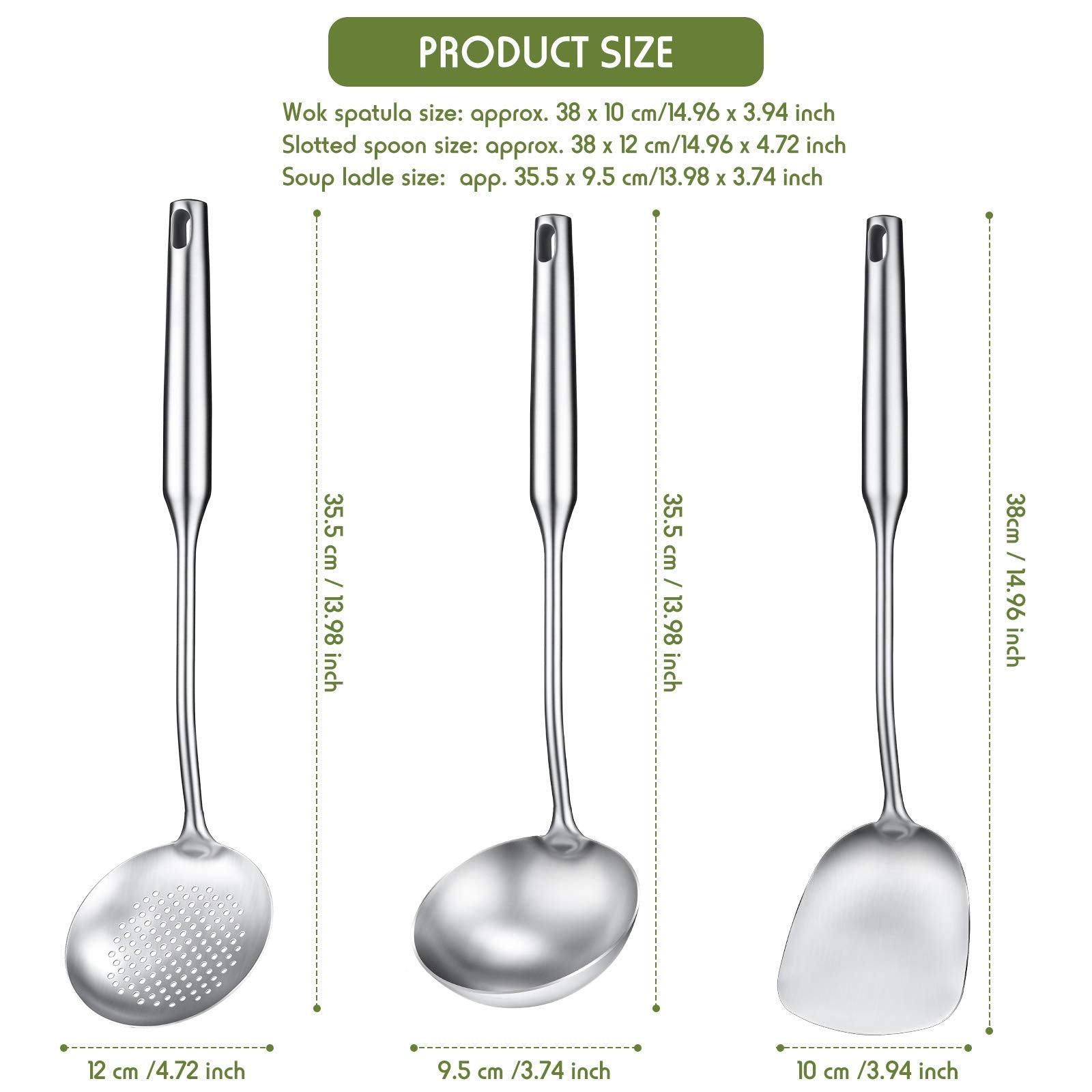 Patelai 3 Pcs 15In Wok Spatula And Ladle, 304 Stainless Steel Wok Utensils All Metal, Utensils Skimmer Ladle Tool Set For Carbon
