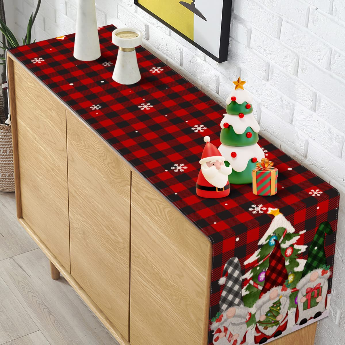 Pudodo Christmas Gnome Table Runner Buffalo Plaid Check Xmas Table Decor Swedish Winter Holiday Kitchen Dining Home Decorations