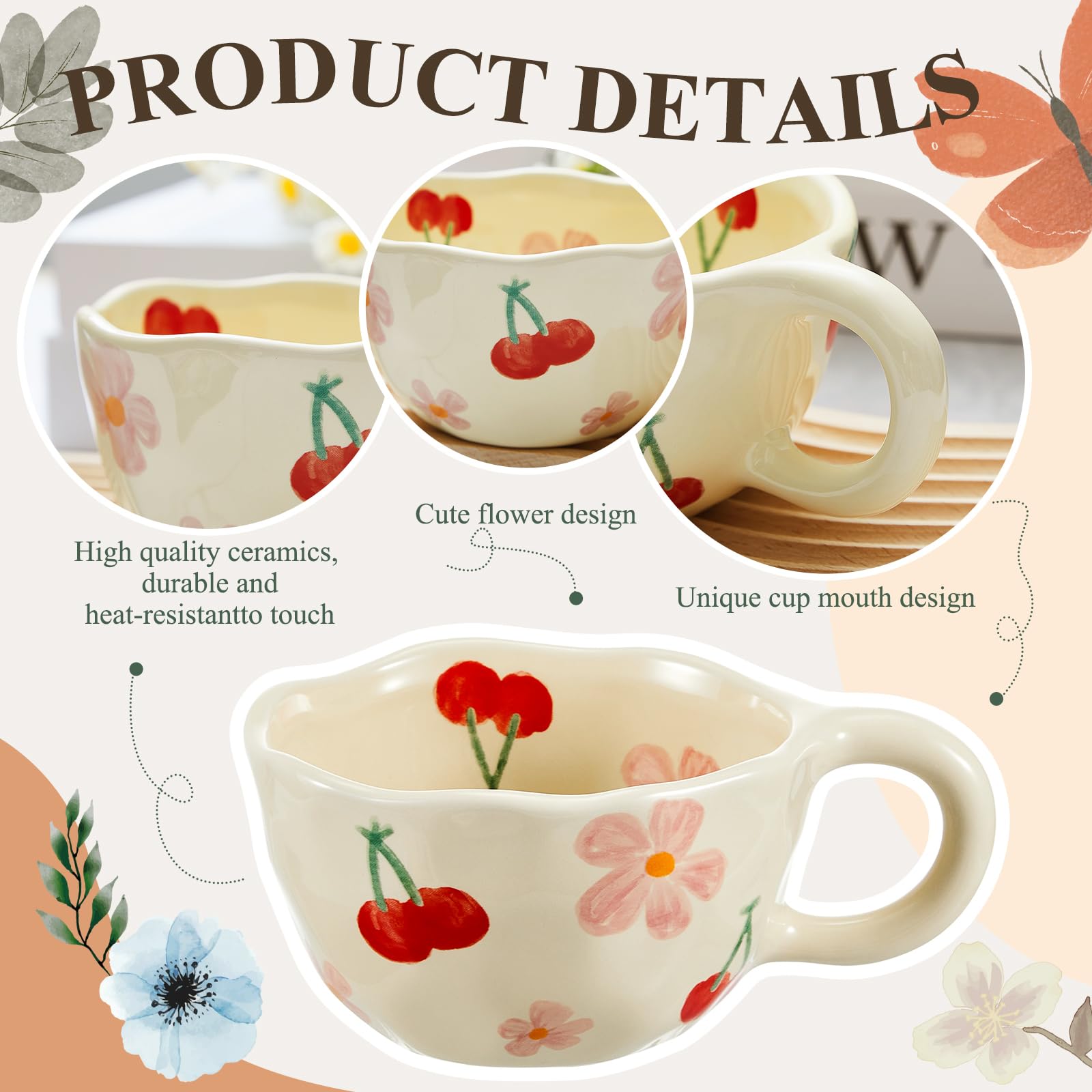 Vesici 2 Pcs Ceramic Coffee Mug Creative Flower Cup Floral Mug with Handles 8.5 oz Cute Aesthetic Tea Porcelain Mug for Office H