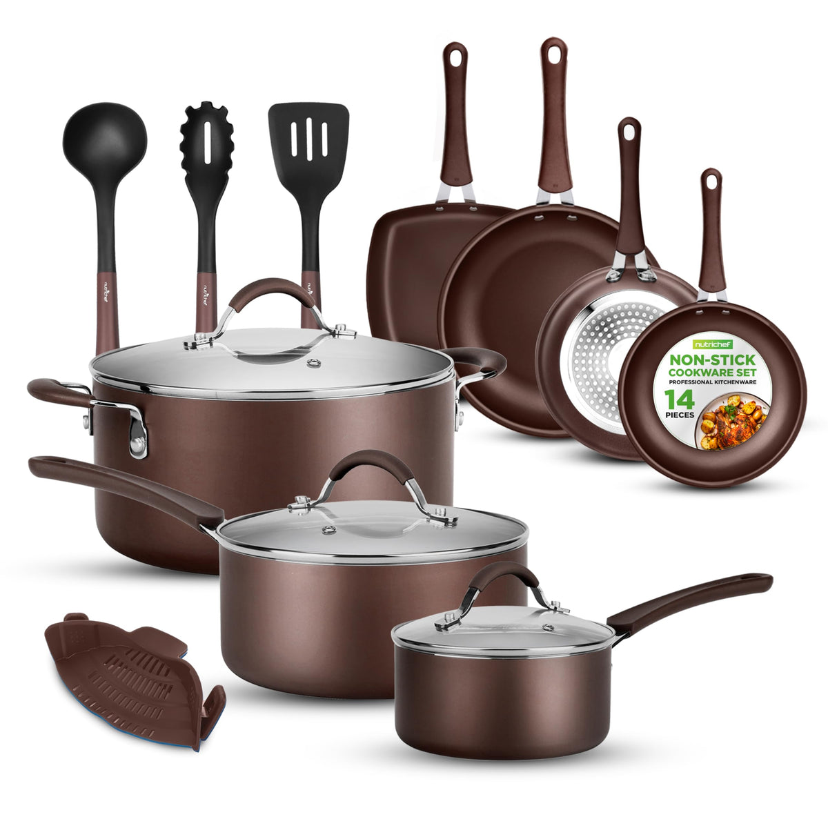 NutriChef 14-Piece Nonstick Brown Cookware Set - Scratch-Resistant Kitchen Pots and Pans with Lids & Utensils, For All Cooktops