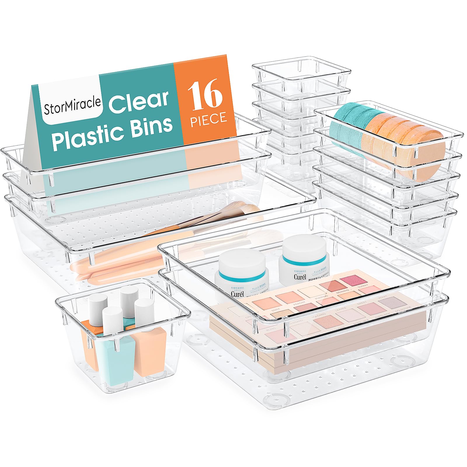 StorMiracle 16 PCS Drawer Organizer Set, 5 Varied Size Bathroom and kitchen Drawer cabinet organizer Trays, Clear Storage Bins f