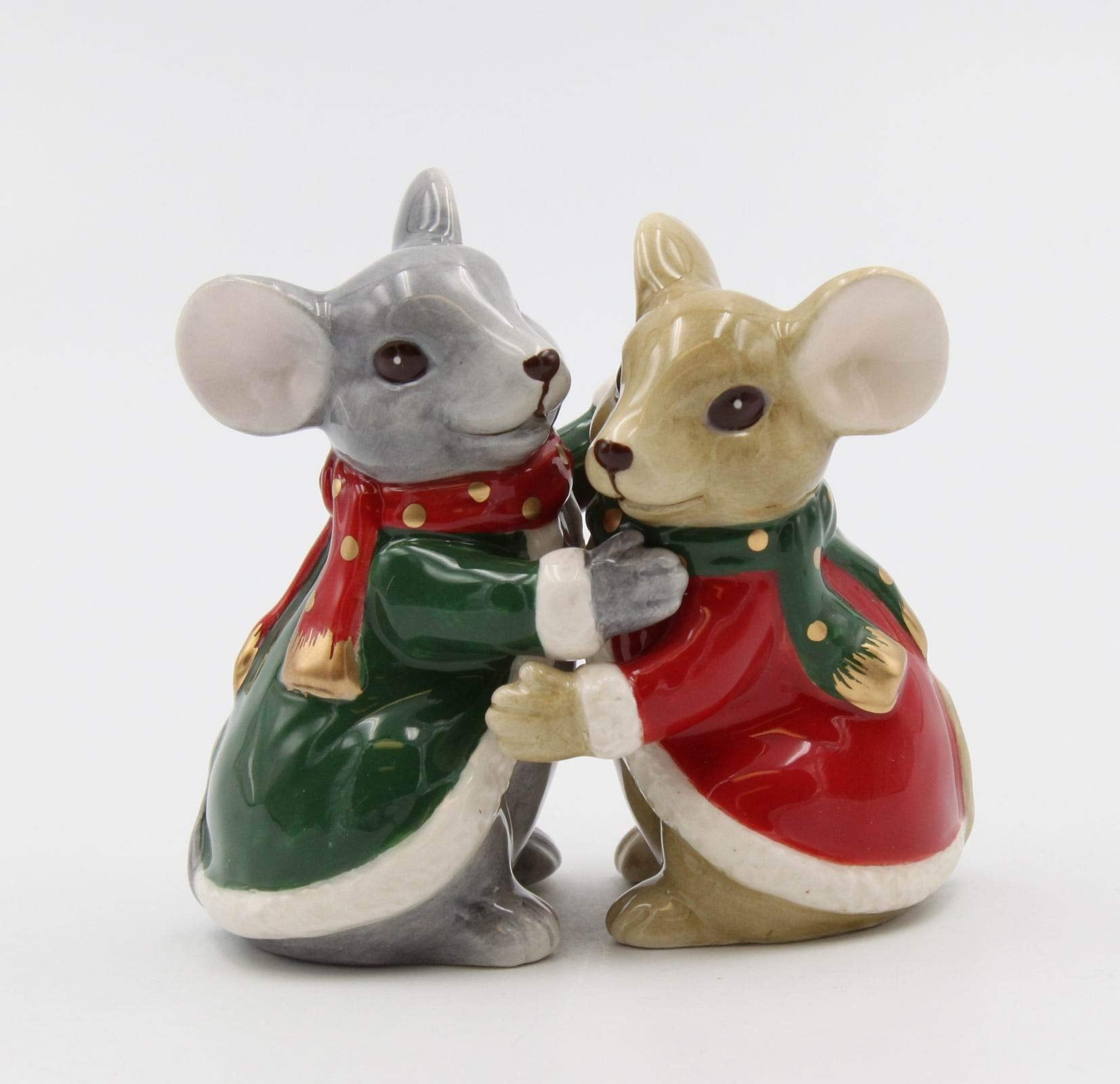 Fine Ceramic Christmas Holidays Mouse Couple Hugging Salt & Pepper Shakers Set, 3-3/8'' H