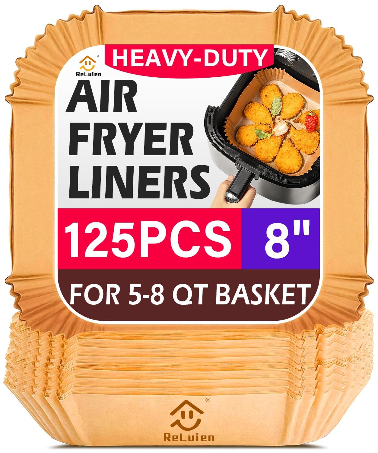 Air Fryer Liners Disposable, 125Pcs Parchment Paper, 8 Inch Non-stick Air Fryer Paper Liners, Unbleached Square Airfryer Liners 