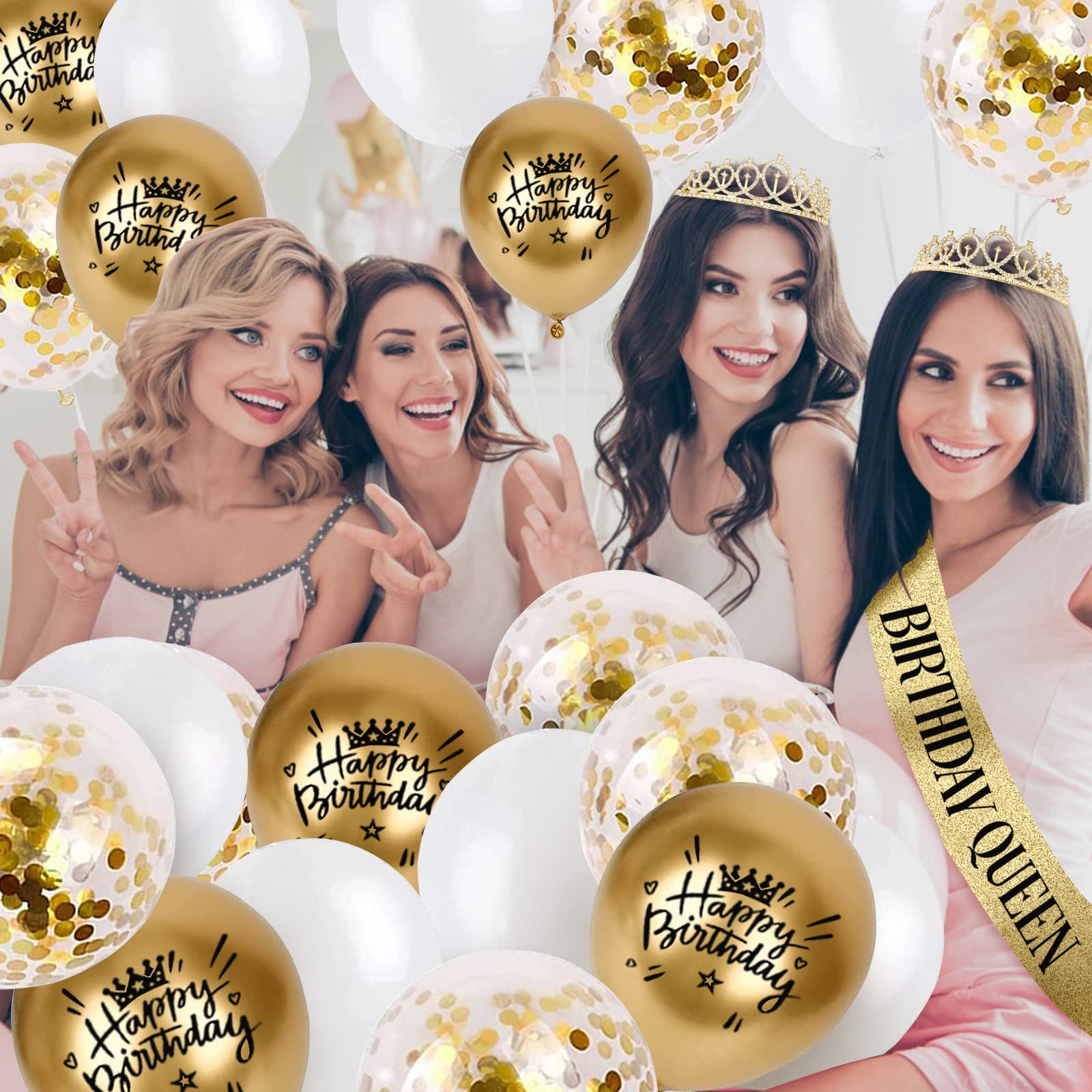 36PCS Birthday Decorations for Women Including Queen Sash  Crown  Birthday Cake Toppers  Birthday candles and Balloons. Birthday Sash and Tiara  Golden White Birthday Party Decorations Favors