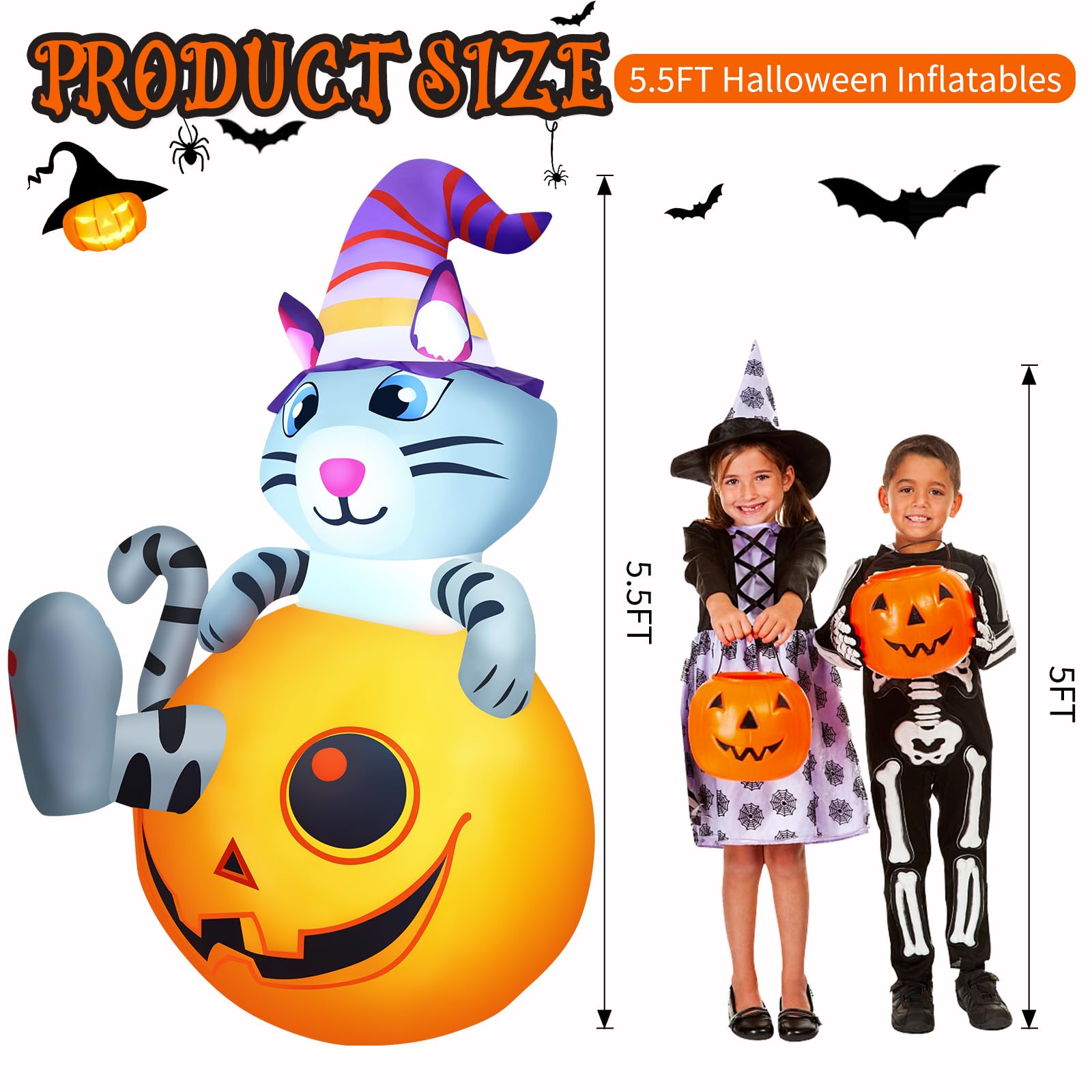 5.5ft Halloween Inflatables Cute Pumpkin Cat Outdoor Decorations Blow Up Yard Decor with Witch Hat Outside Kids Friendly Hallowe
