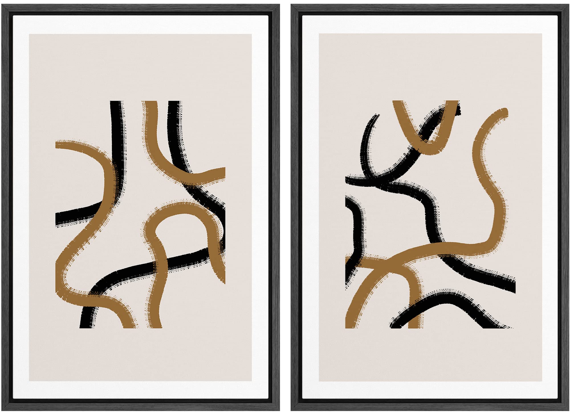 Signwin Framed Wall Art Print Set Black And Brown Lines Over Tan Background Abstract Swirly Digital Art Modern Art Mid-Century M