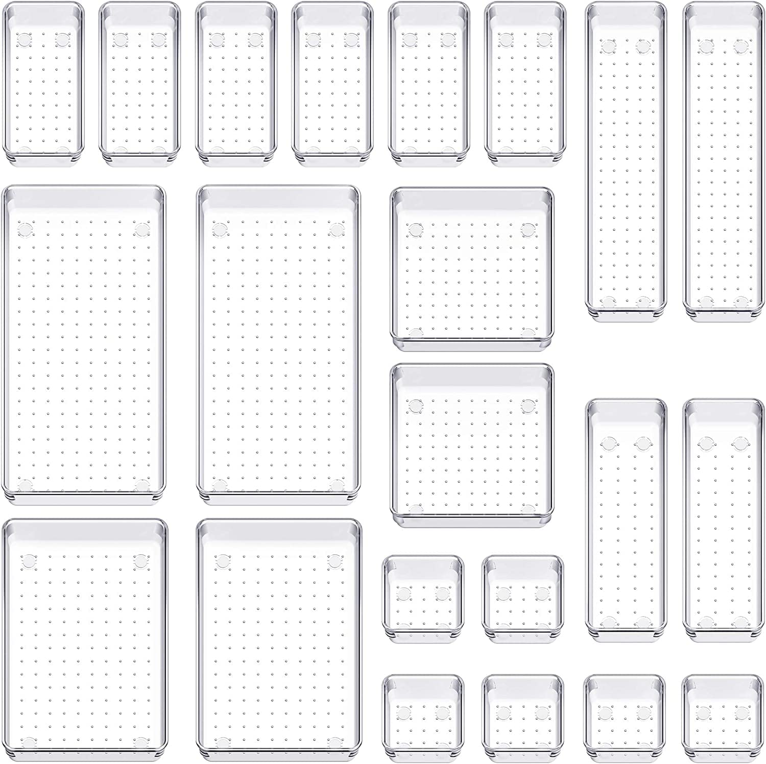 Snazzy 22Piece Clear Drawer Organizer Trays 7 Sizes NonSlip Desk Drawer Divider Bins
